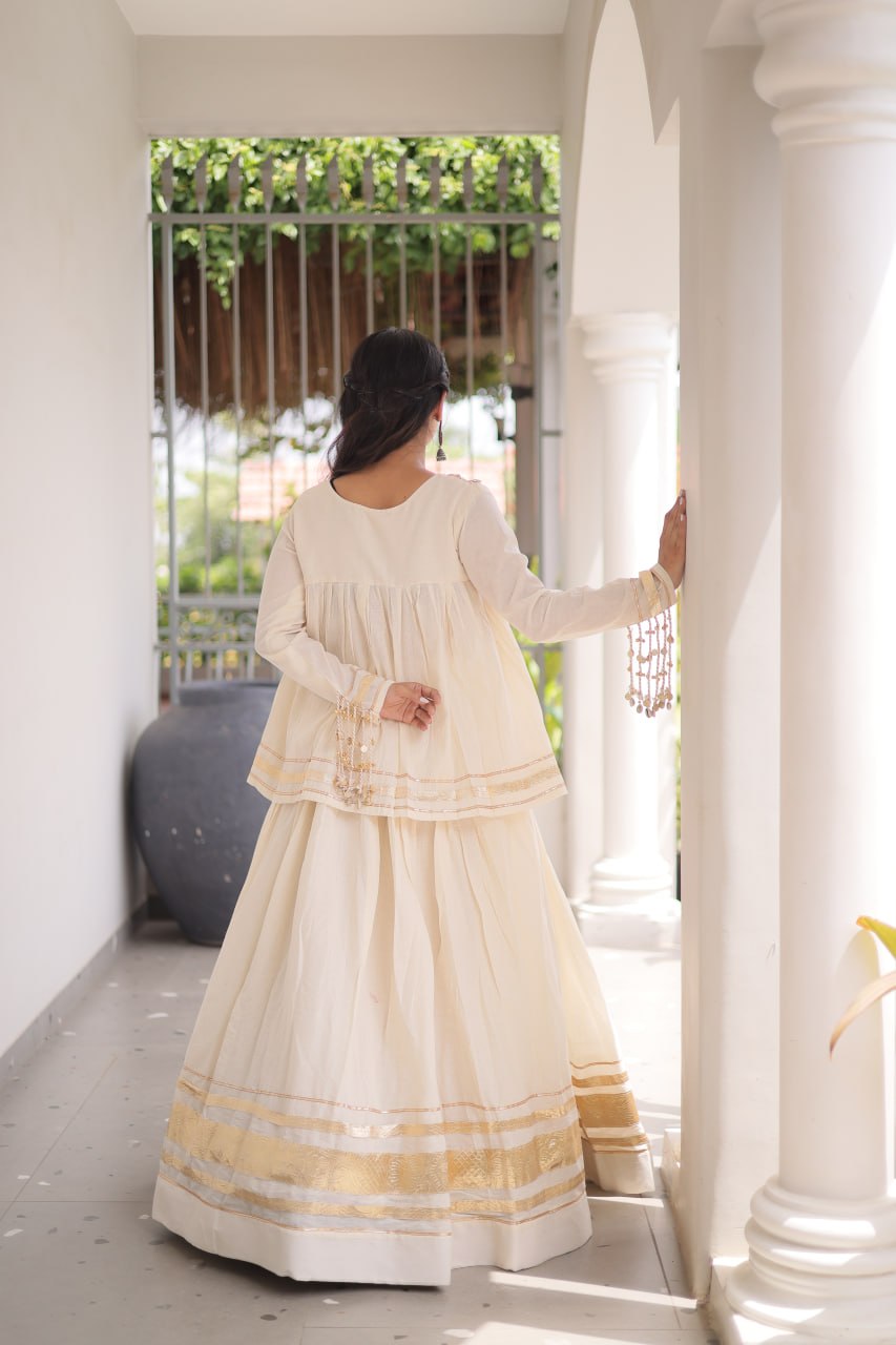Ivory White Kora Cotton Navratri Lehenga Set with Mirror Work Blouse