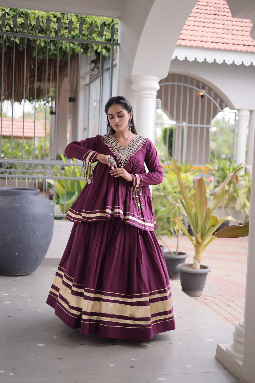 Wine Purple Kora Cotton Navratri Lehenga Set with Mirror Work Blouse