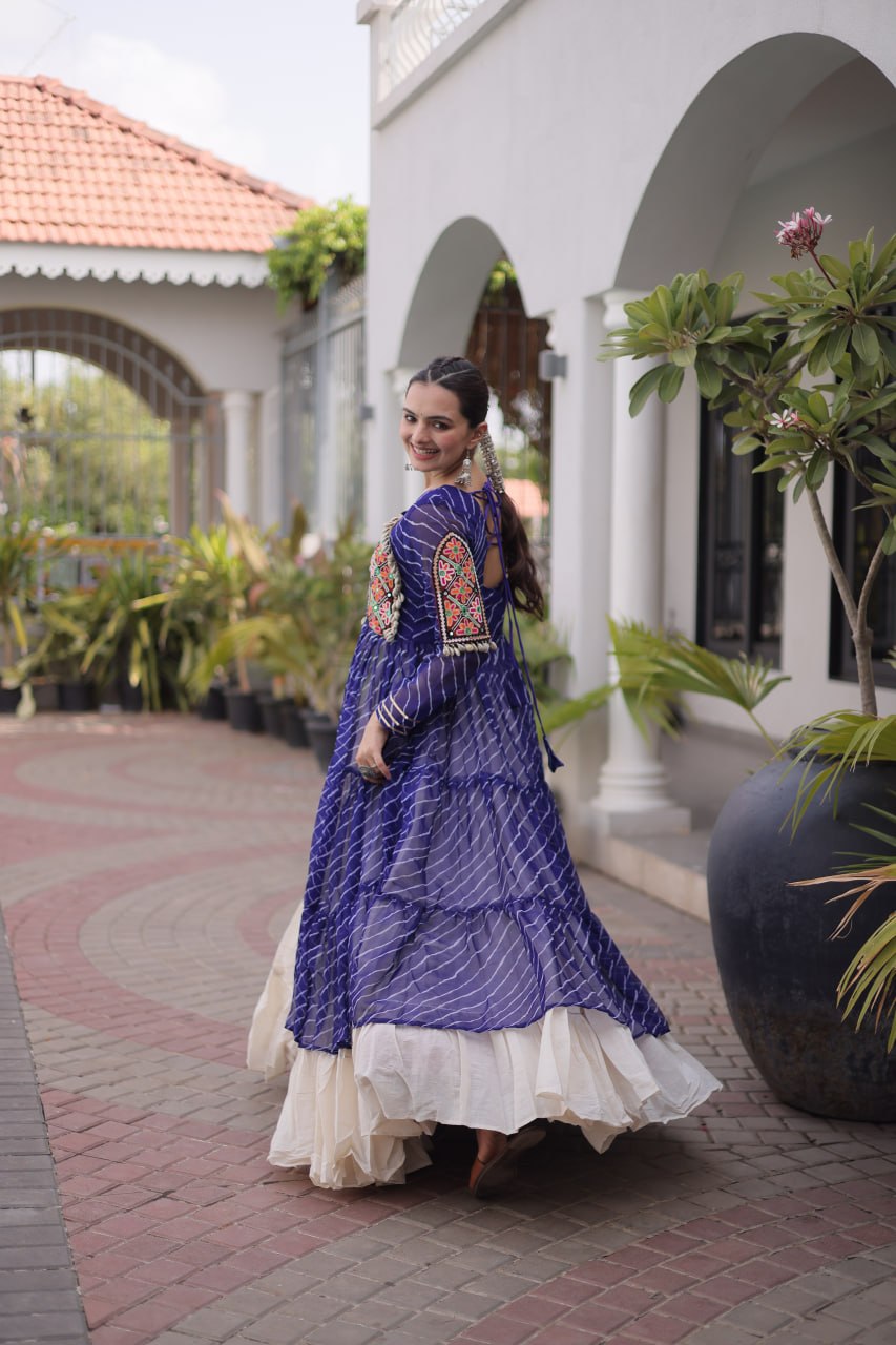 Royal Blue Laheriya Print Kora Cotton Lehenga with Kutchi Patchwork Kurti