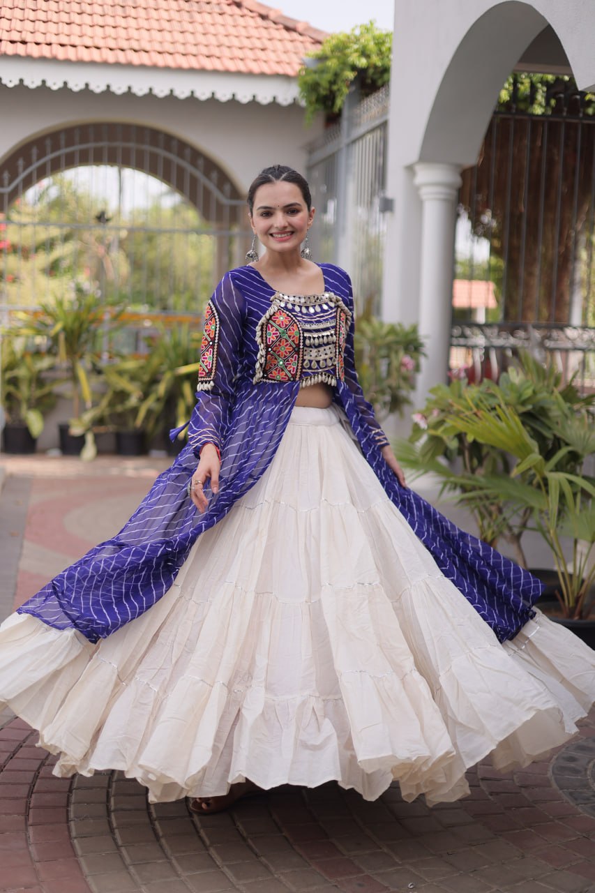 Royal Blue Laheriya Print Kora Cotton Lehenga with Kutchi Patchwork Kurti
