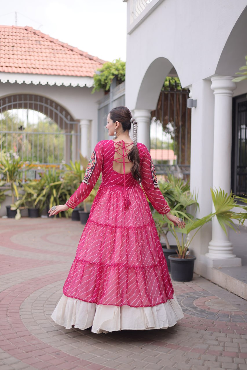 Rani Pink Laheriya Print Kora Cotton Lehenga with Kutchi Patchwork Kurti