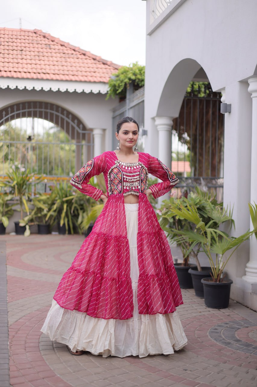 Rani Pink Laheriya Print Kora Cotton Lehenga with Kutchi Patchwork Kurti