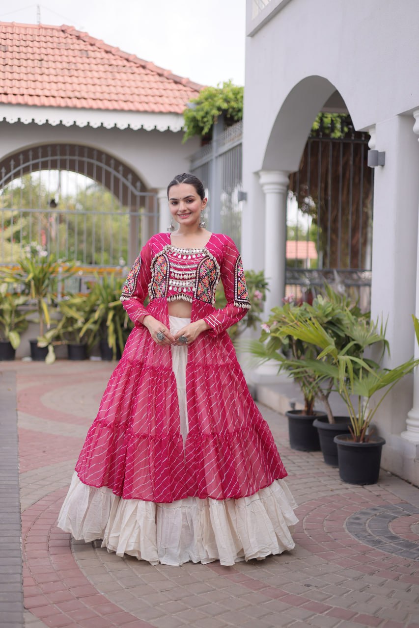 Rani Pink Laheriya Print Kora Cotton Lehenga with Kutchi Patchwork Kurti