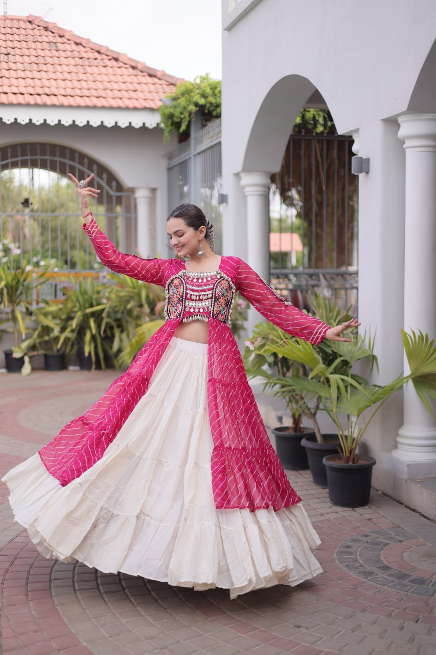Rani Pink Laheriya Print Kora Cotton Lehenga with Kutchi Patchwork Kurti
