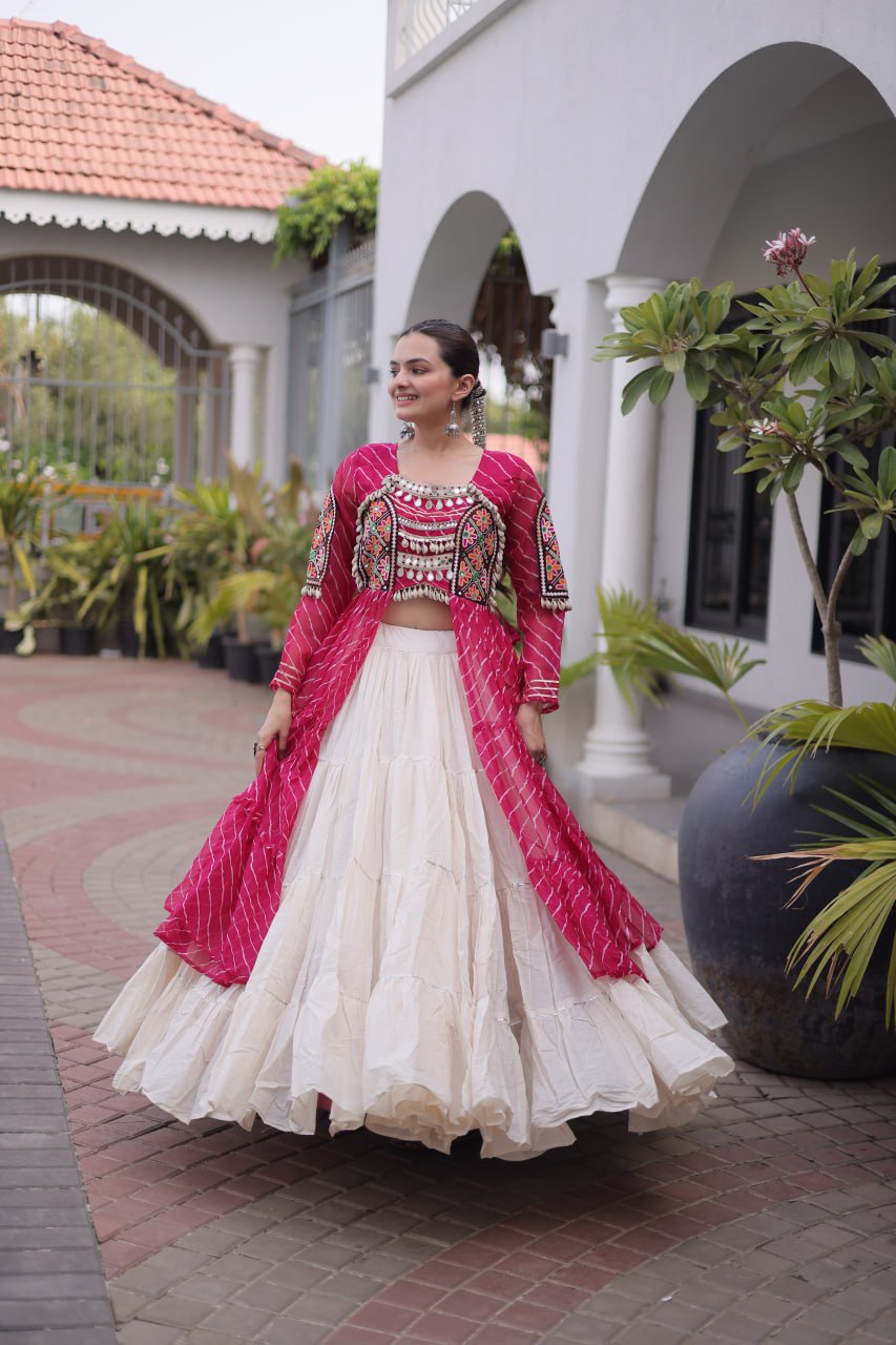 Rani Pink Laheriya Print Kora Cotton Lehenga with Kutchi Patchwork Kurti
