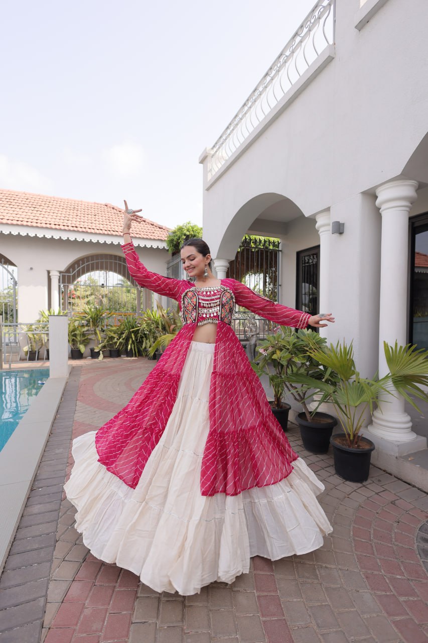 Rani Pink Laheriya Print Kora Cotton Lehenga with Kutchi Patchwork Kurti