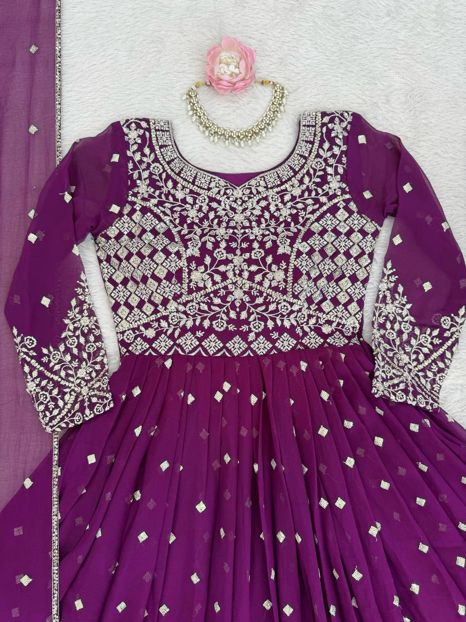 Wine Purple Designer Embroidered Anarkali Suit Set with Dupatta & Pant