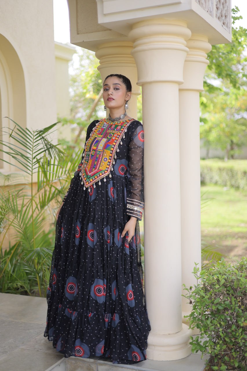 Black Bandhani Faux Georgette Navratri Gown with Kutchi Patchwork | 12 Meter Flair