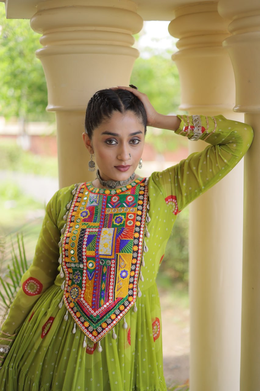 Olive Green Bandhani Faux Georgette Navratri Gown with Kutchi Patchwork | 12 Meter Flair