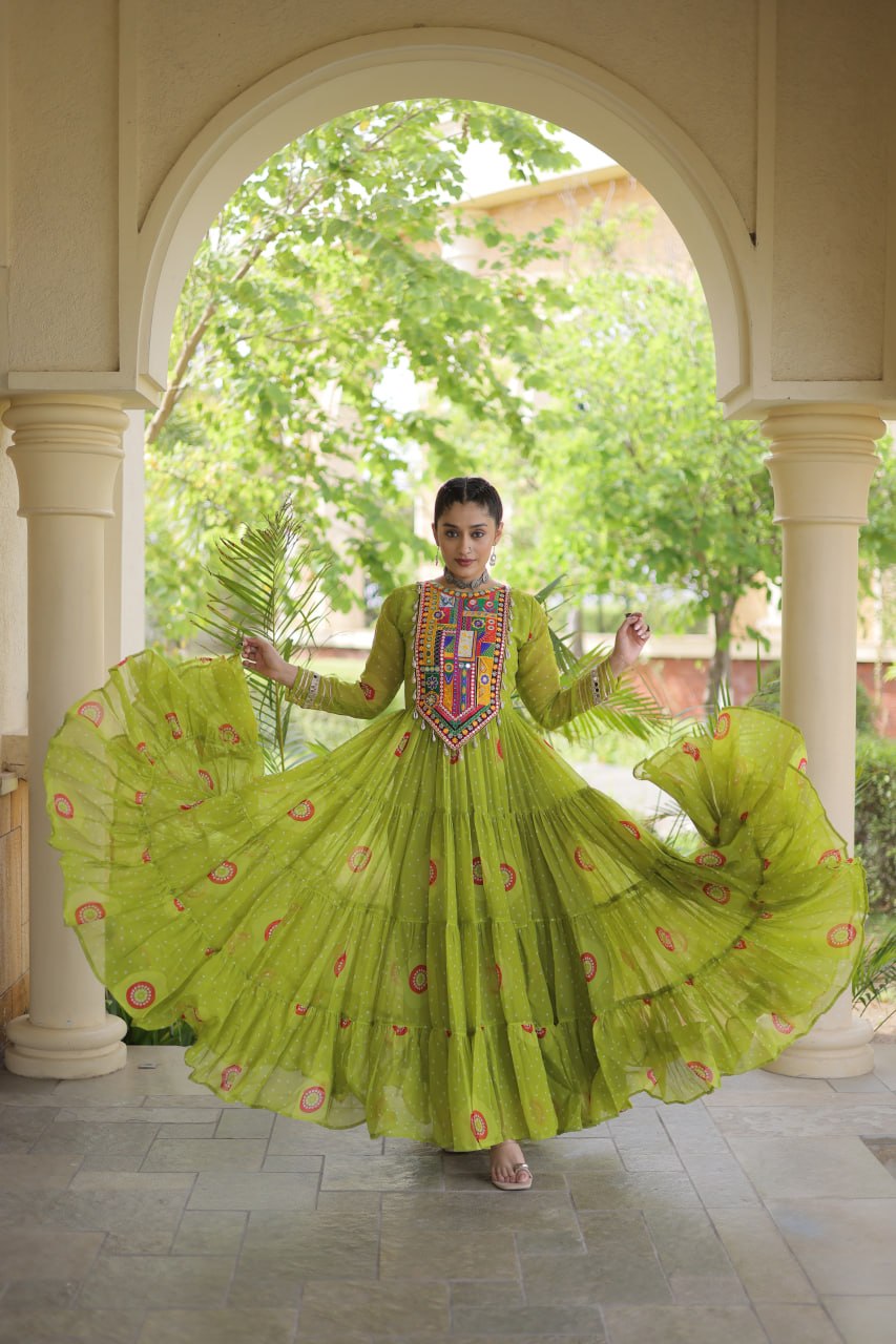 Olive Green Bandhani Faux Georgette Navratri Gown with Kutchi Patchwork | 12 Meter Flair