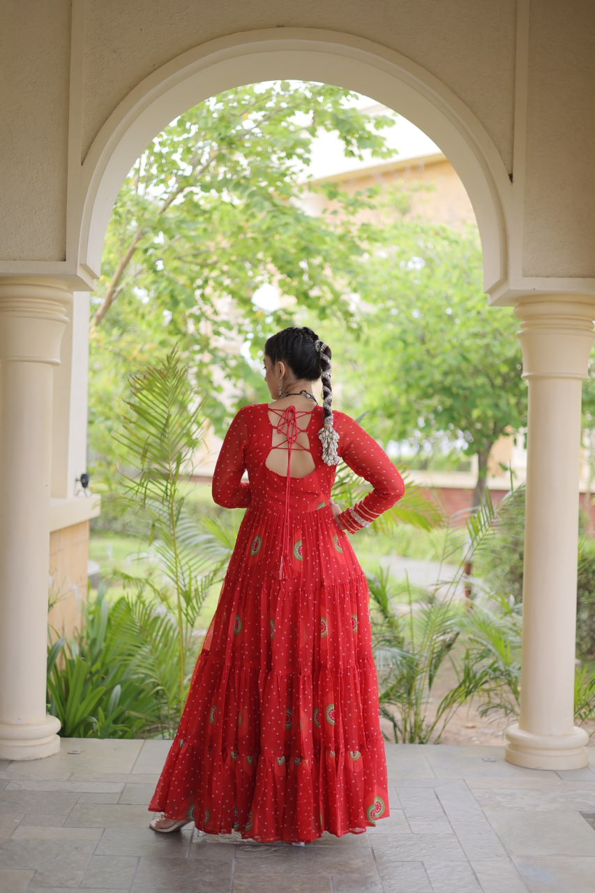 Red Bandhani Faux Georgette Navratri Gown with Kutchi Patchwork | 12 Meter Flair