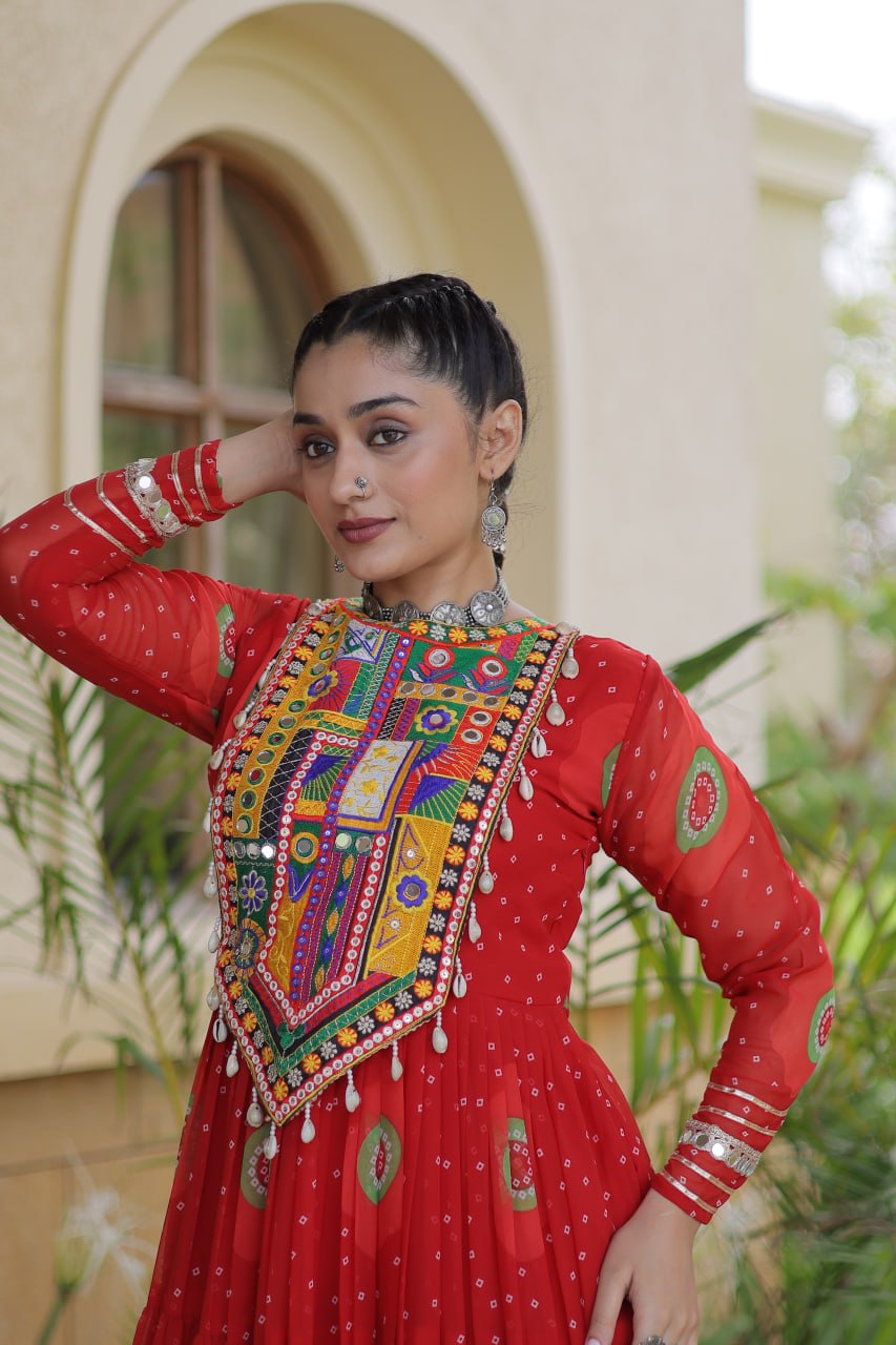 Red Bandhani Faux Georgette Navratri Gown with Kutchi Patchwork | 12 Meter Flair