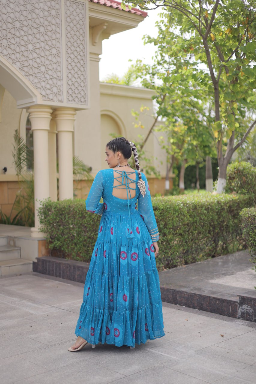 Sky Blue Bandhani Faux Georgette Navratri Gown with Kutchi Patchwork | 12 Meter Flair