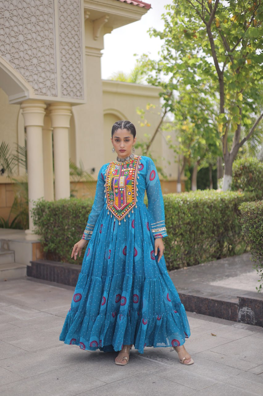 Sky Blue Bandhani Faux Georgette Navratri Gown with Kutchi Patchwork | 12 Meter Flair
