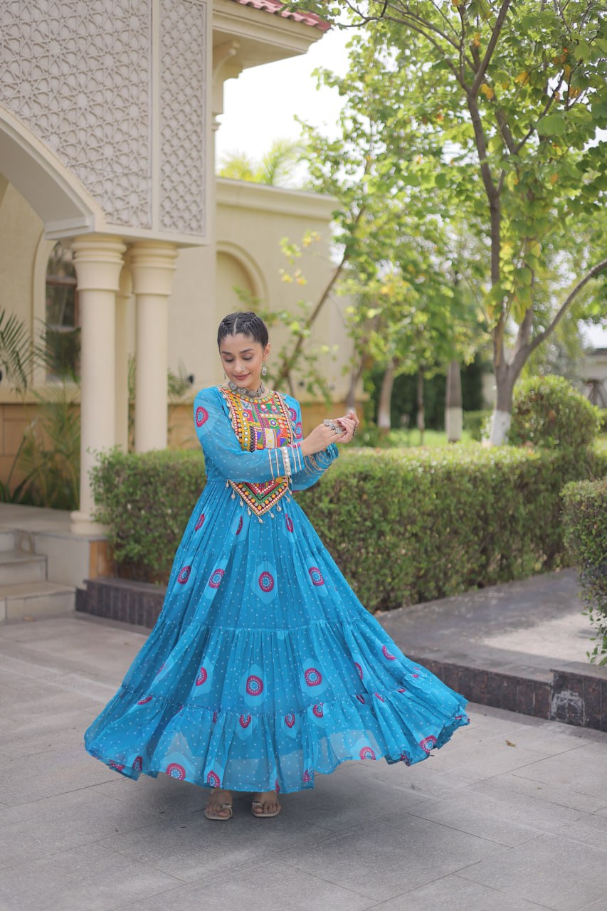 Sky Blue Bandhani Faux Georgette Navratri Gown with Kutchi Patchwork | 12 Meter Flair