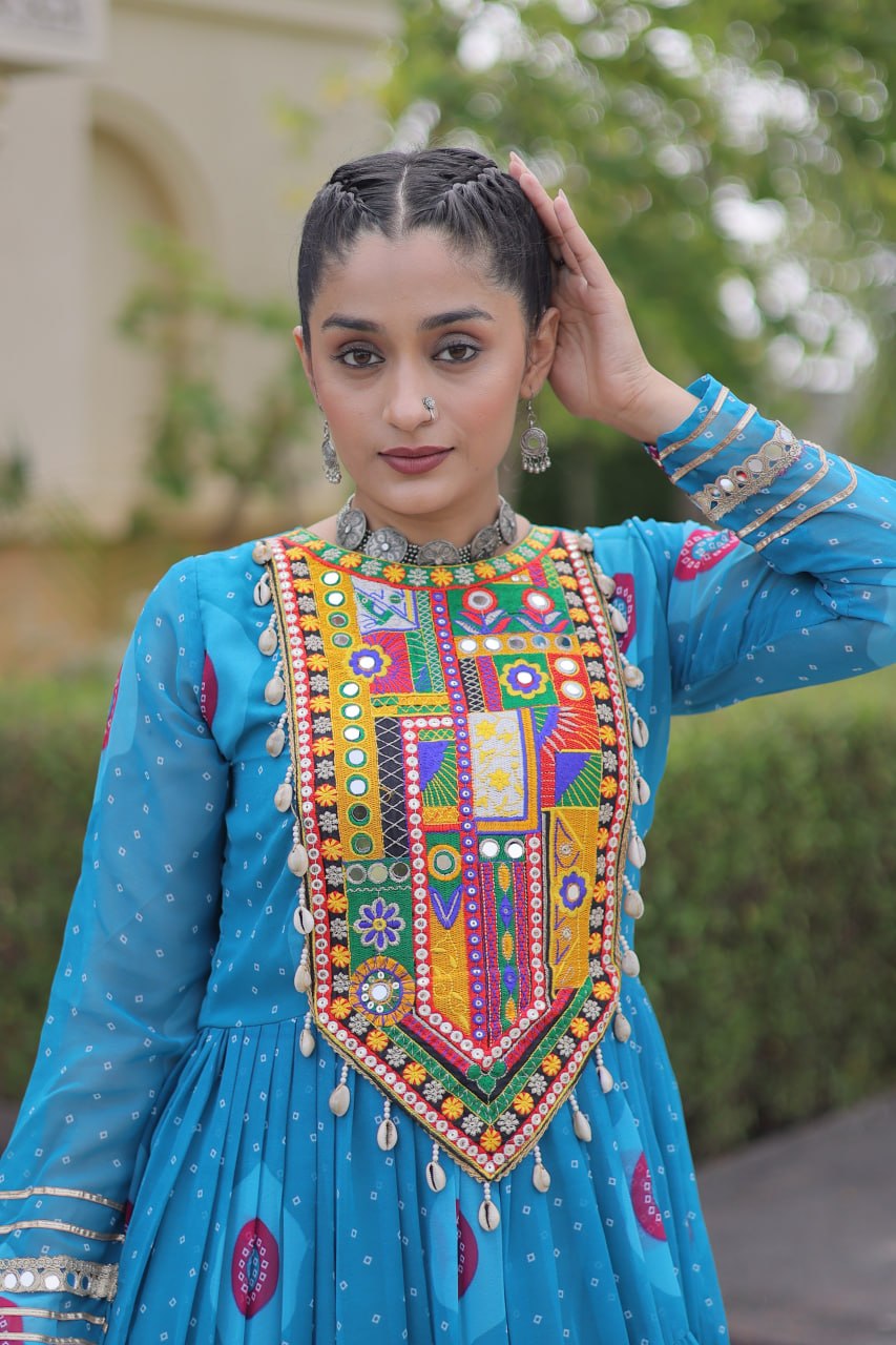 Sky Blue Bandhani Faux Georgette Navratri Gown with Kutchi Patchwork | 12 Meter Flair
