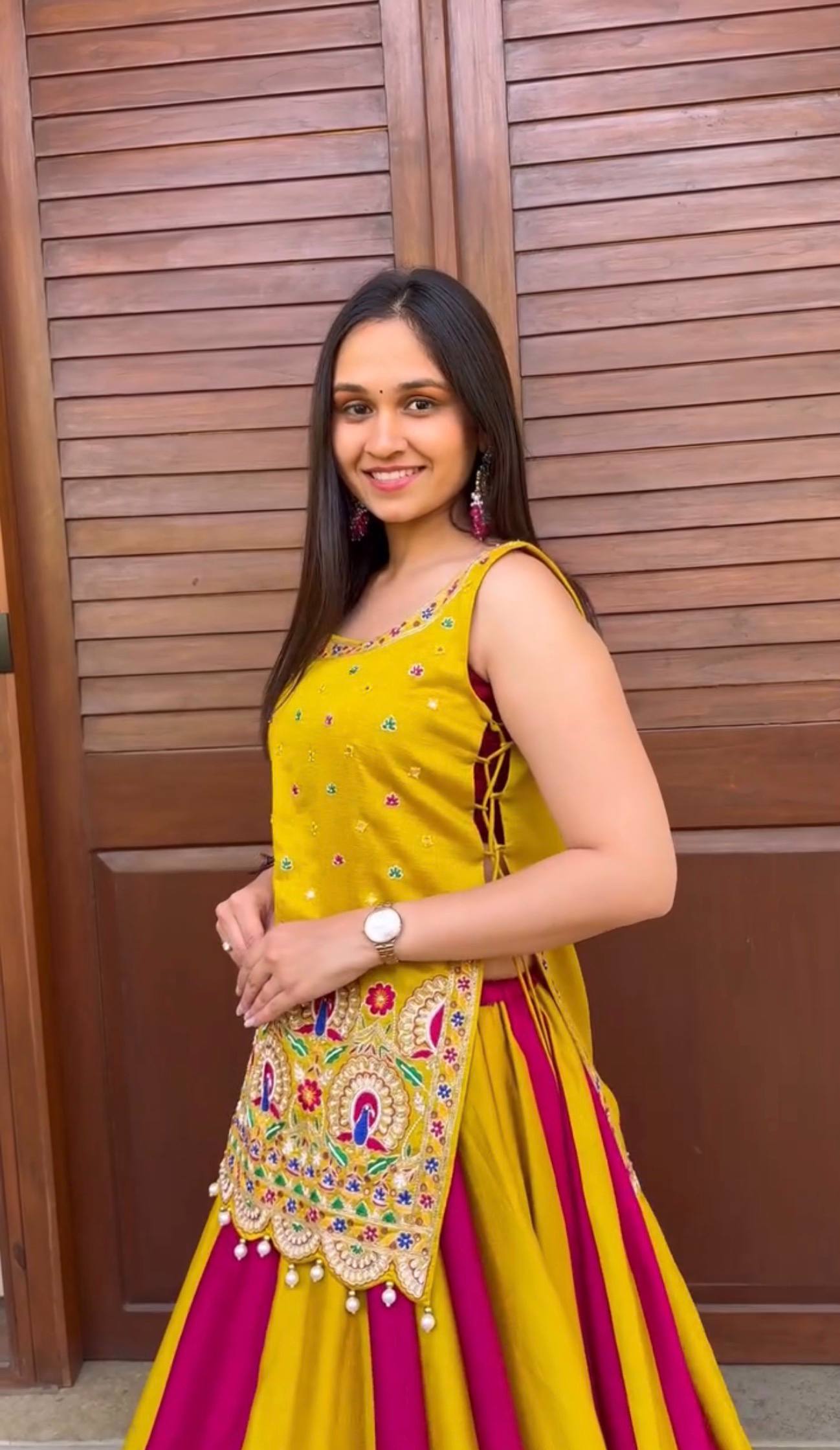 Navratri Special Vichitra Silk Lehenga Choli with Shrug | Mustard & Rani Pink