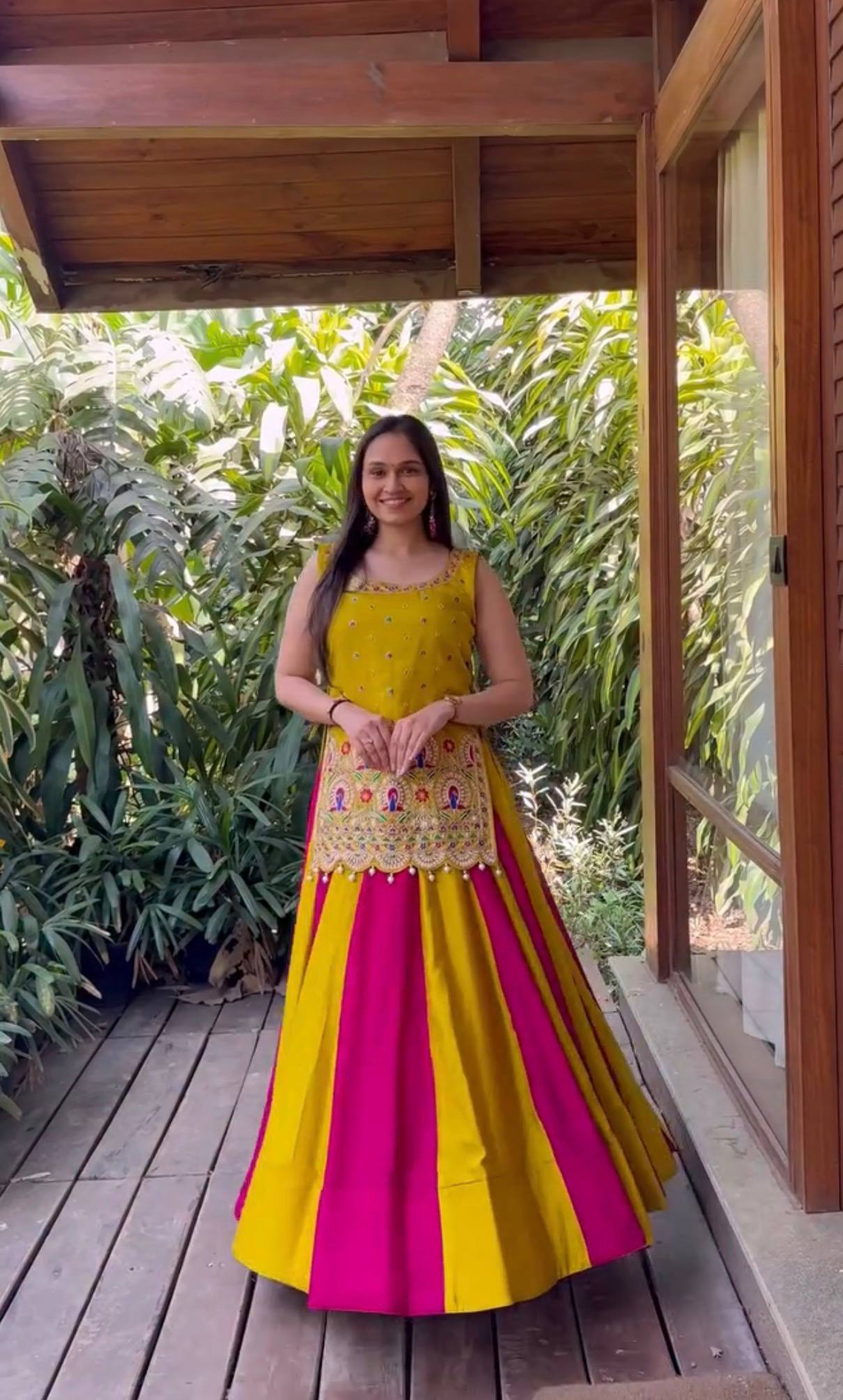 Navratri Special Vichitra Silk Lehenga Choli with Shrug | Mustard & Rani Pink