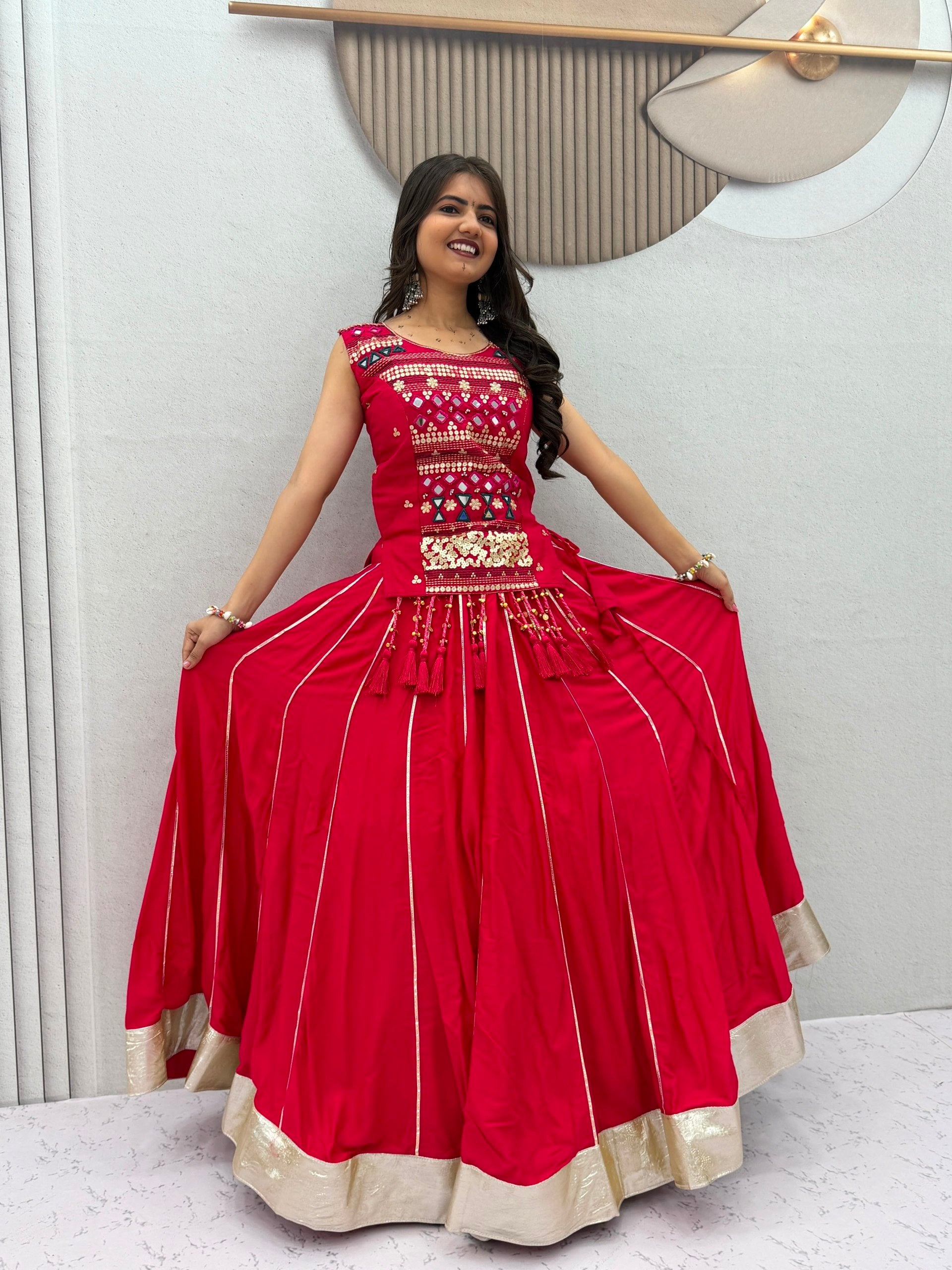 Rani Pink Navratri Mirror Work Pure Cotton Lehenga Choli for Women