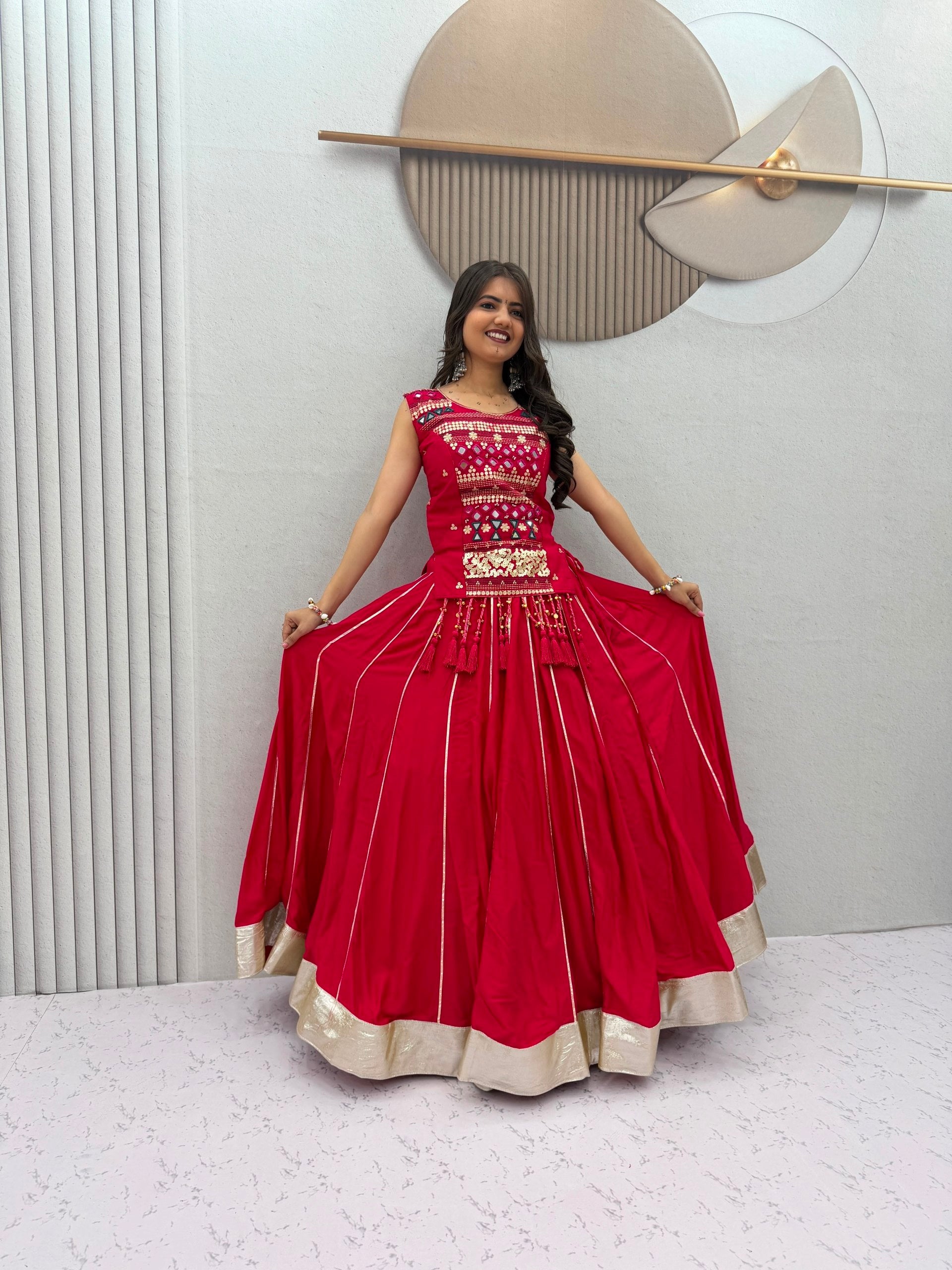 Rani Pink Navratri Mirror Work Pure Cotton Lehenga Choli for Women