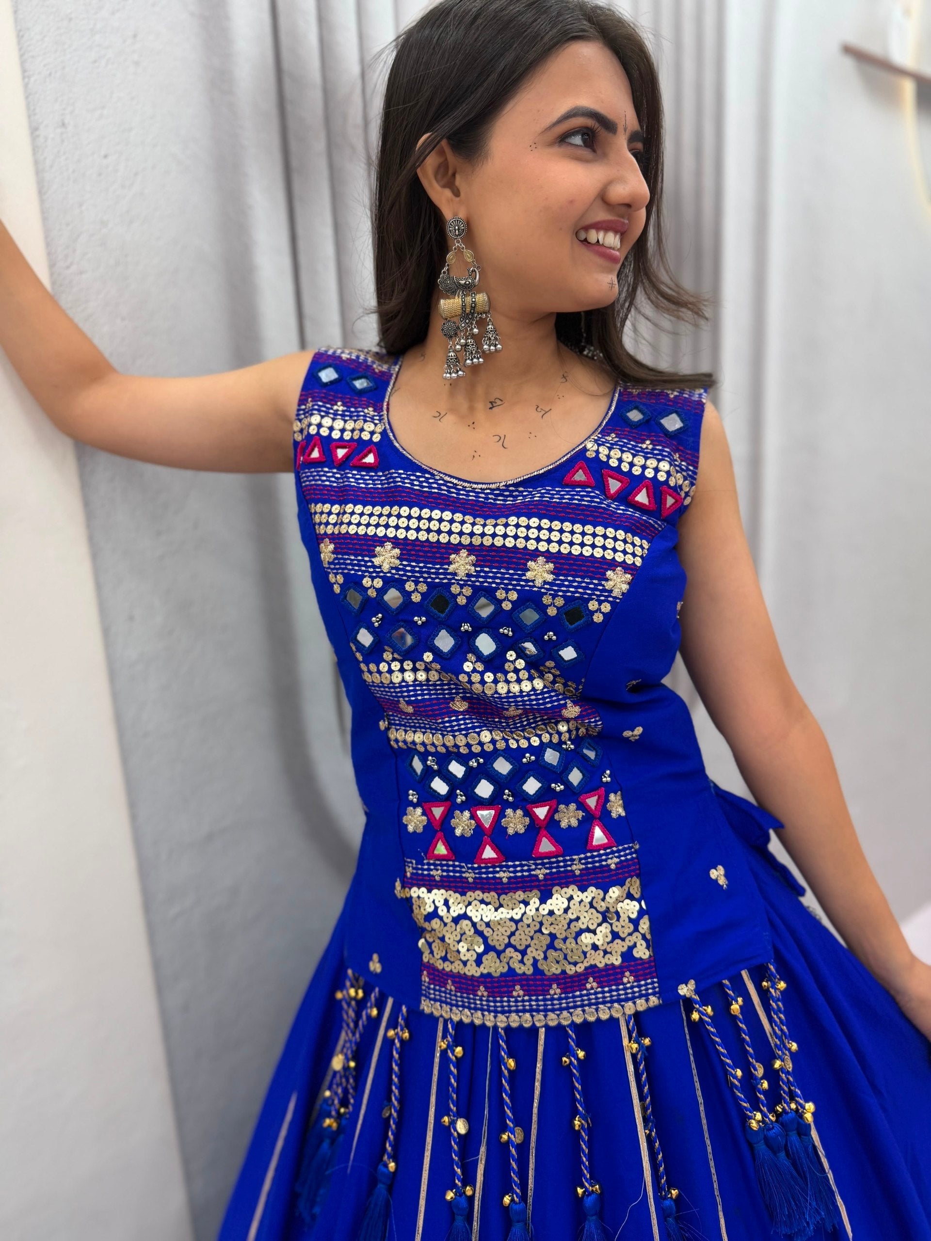 Royal Blue Pure Cotton Navratri Mother Daughter Lehenga Choli Set with Mirror Work