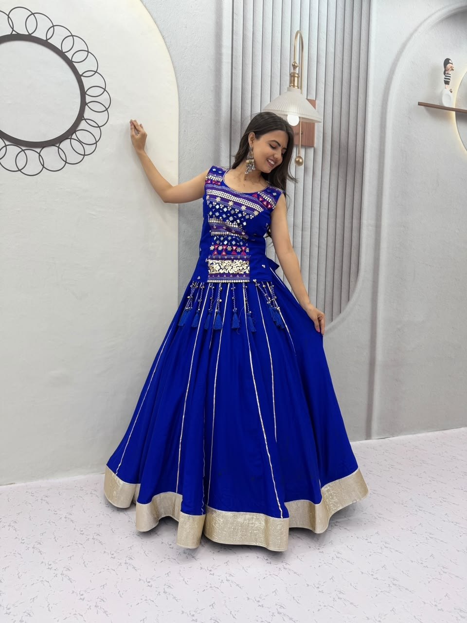 Royal Blue Pure Cotton Navratri Mother Daughter Lehenga Choli Set with Mirror Work