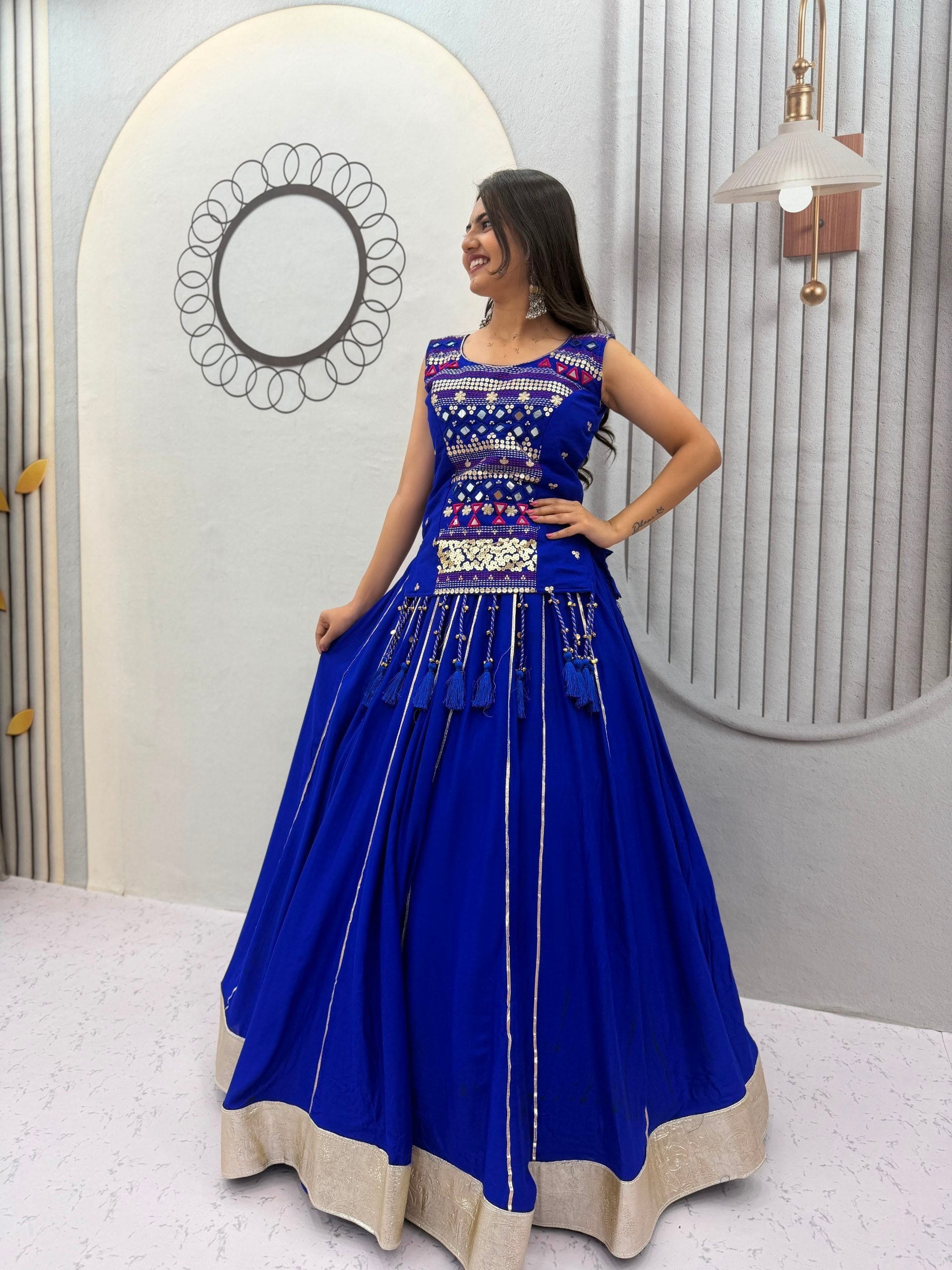 Royal Blue Pure Cotton Navratri Mother Daughter Lehenga Choli Set with Mirror Work