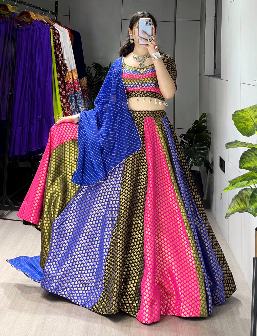 Royal Blue Multicolor Soft Silk Navratri Lehenga Choli Set with Leriya Dupatta