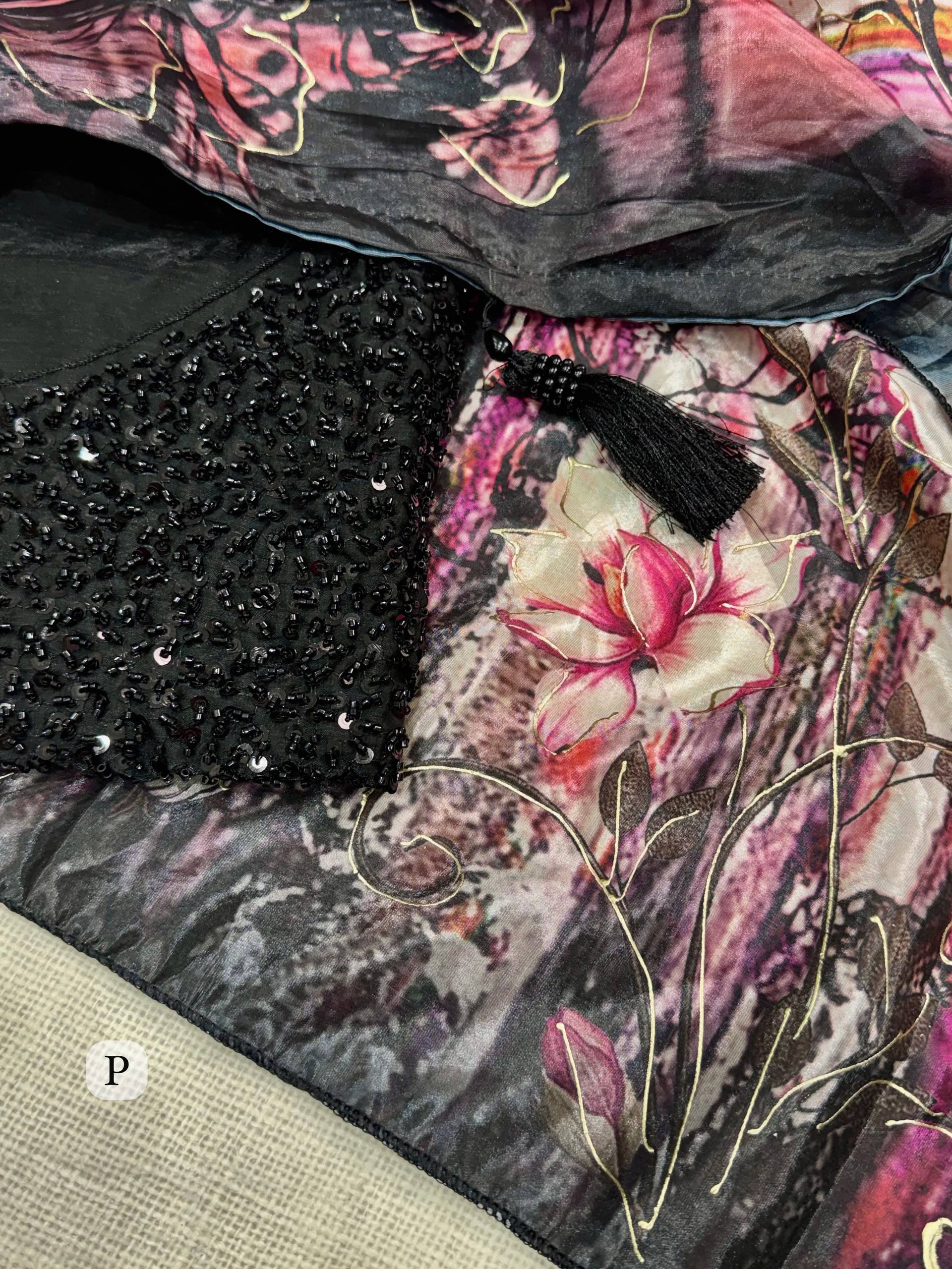 Champagne Beige Glass Crepe Saree with 3D Floral Print & Black Heavy Beaded Blouse