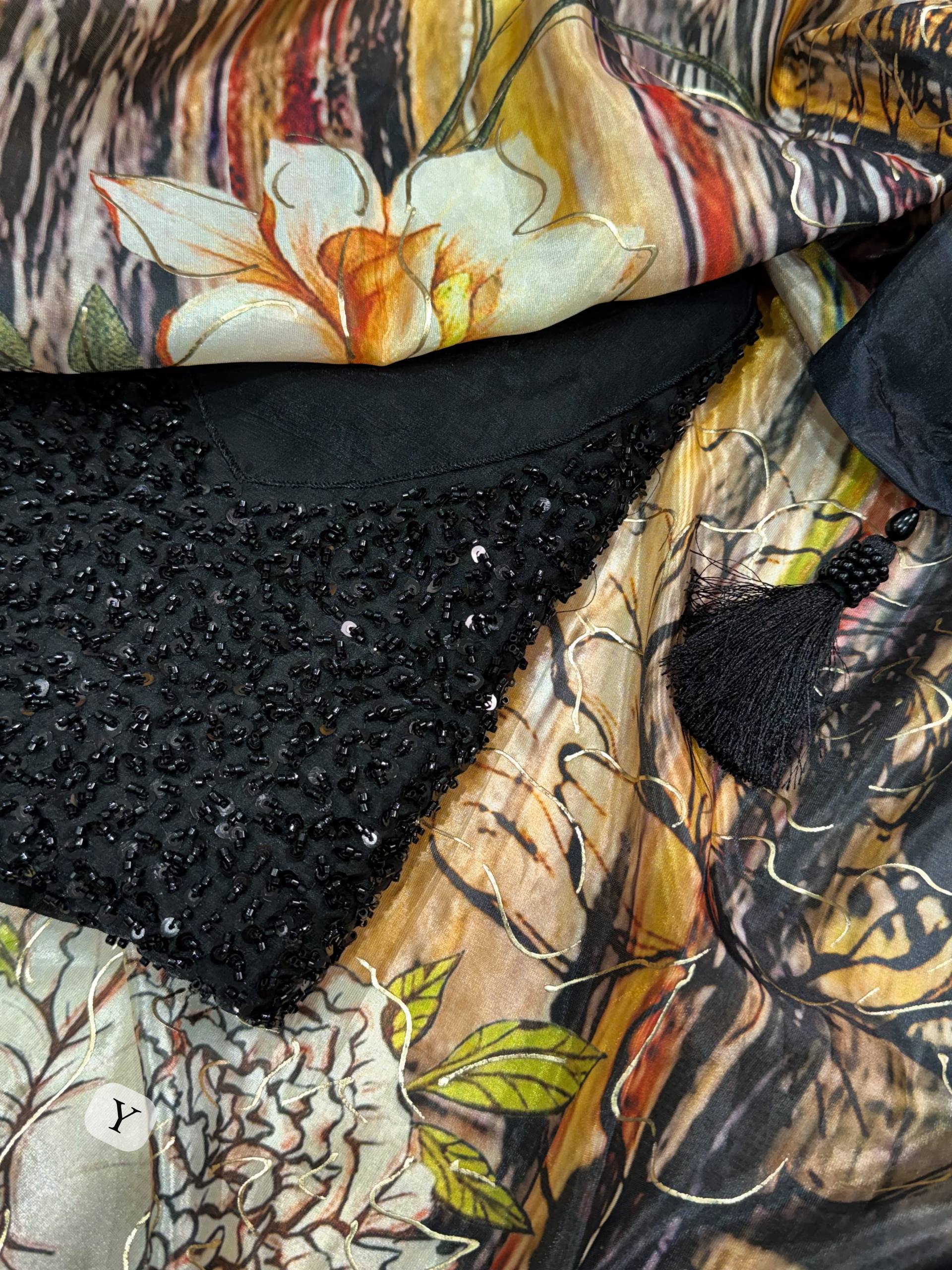 Champagne Gold Glass Crepe Saree with 3D Floral Print & Black Heavy Beaded Blouse