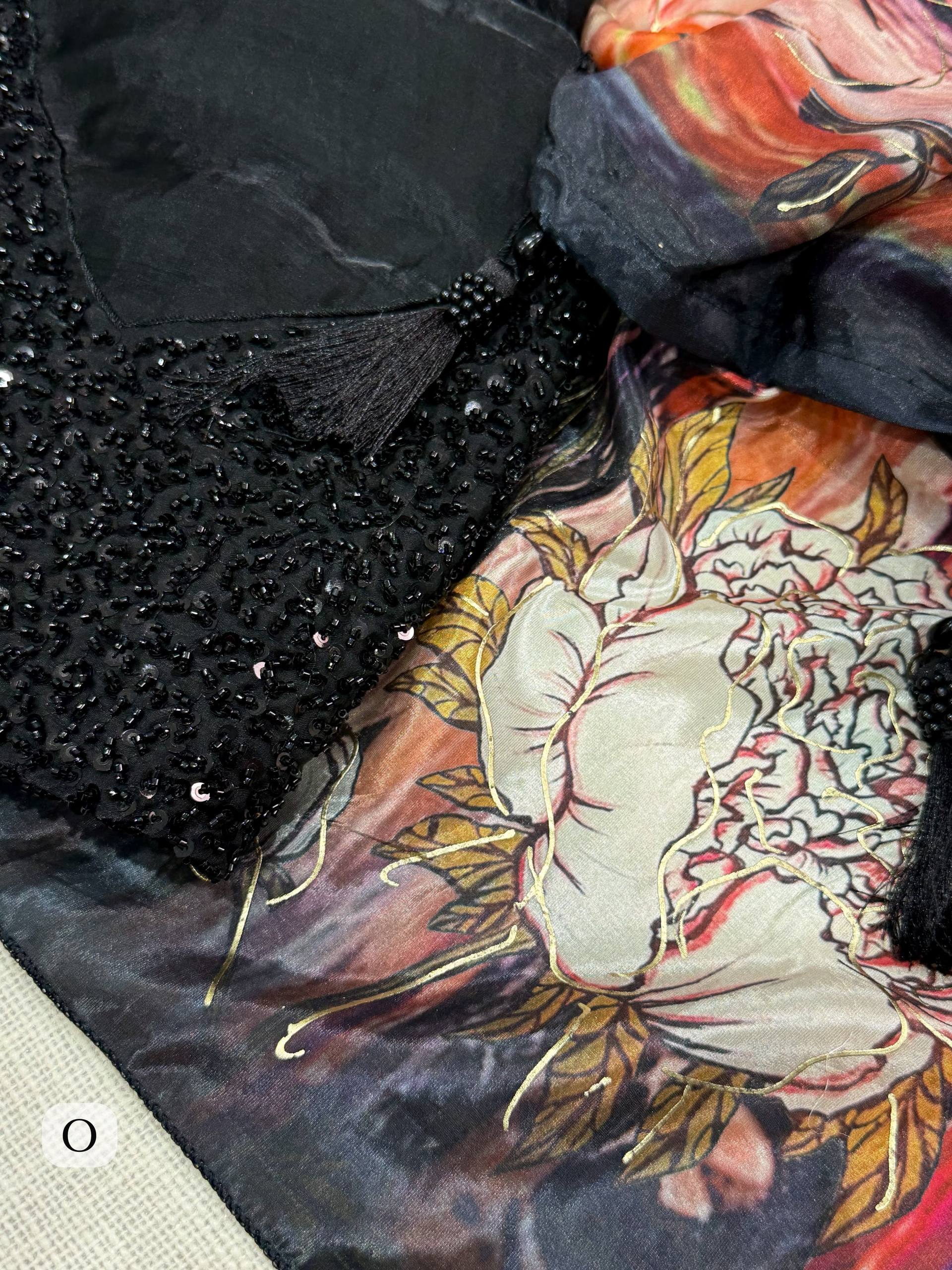 Champagne Beige Glass Crepe Saree with Abstract Floral Print & Black Heavy Beaded Blouse