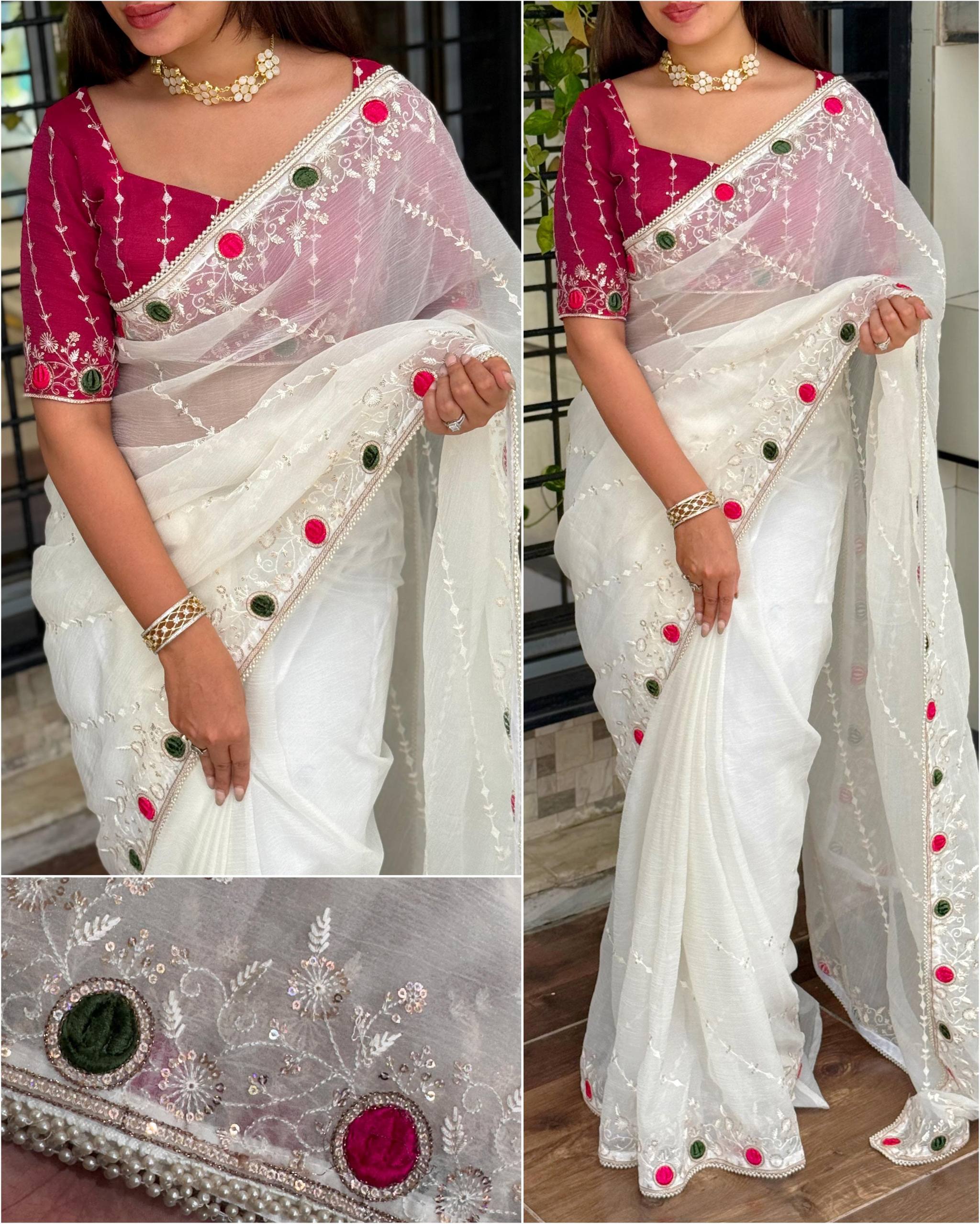Ivory White Super Sonic Crush Saree with Velvet Cutwork, Zari, Sequins & Pearl Lace Border