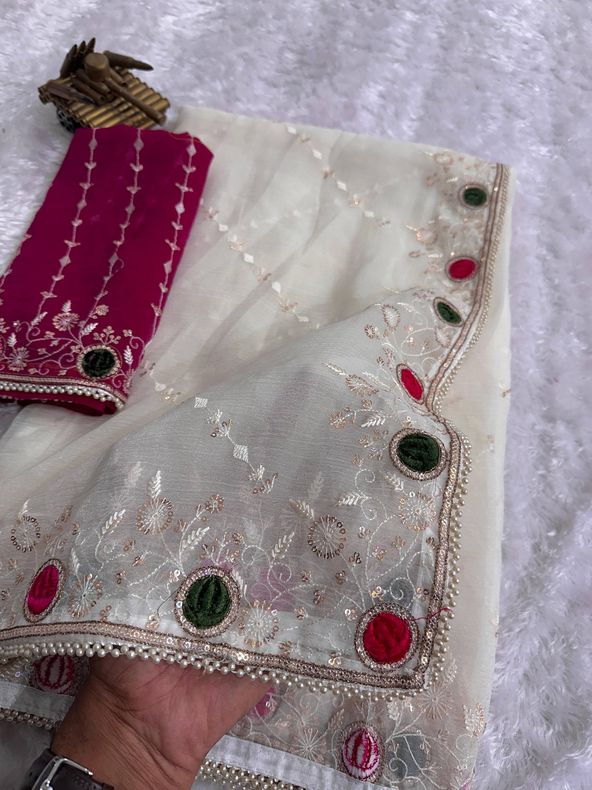 Ivory White Super Sonic Crush Saree with Velvet Cutwork, Zari, Sequins & Pearl Lace Border