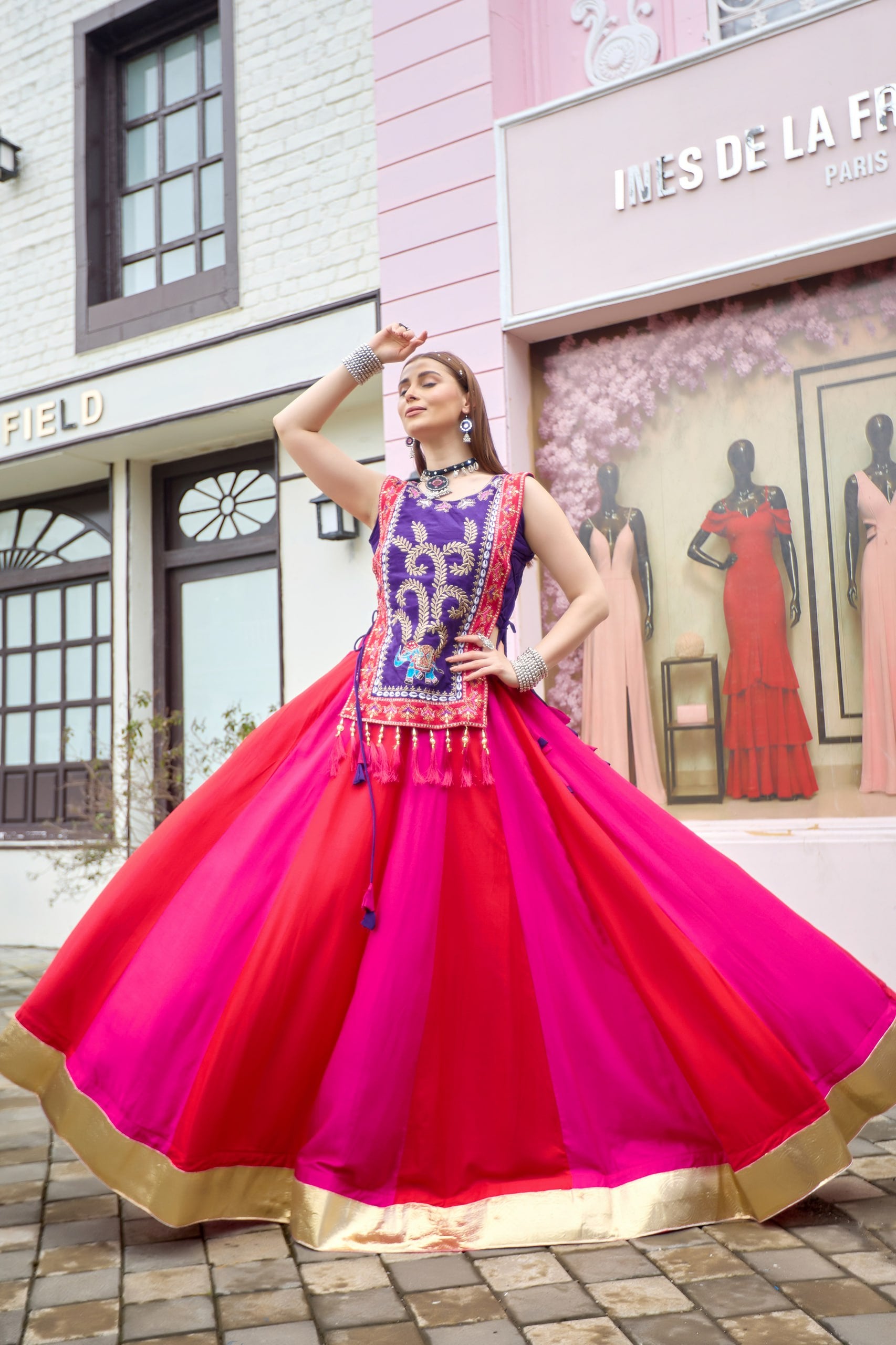 Royal Purple & Rani Pink Pure Cotton Lehenga Choli with Embroidered Shrug