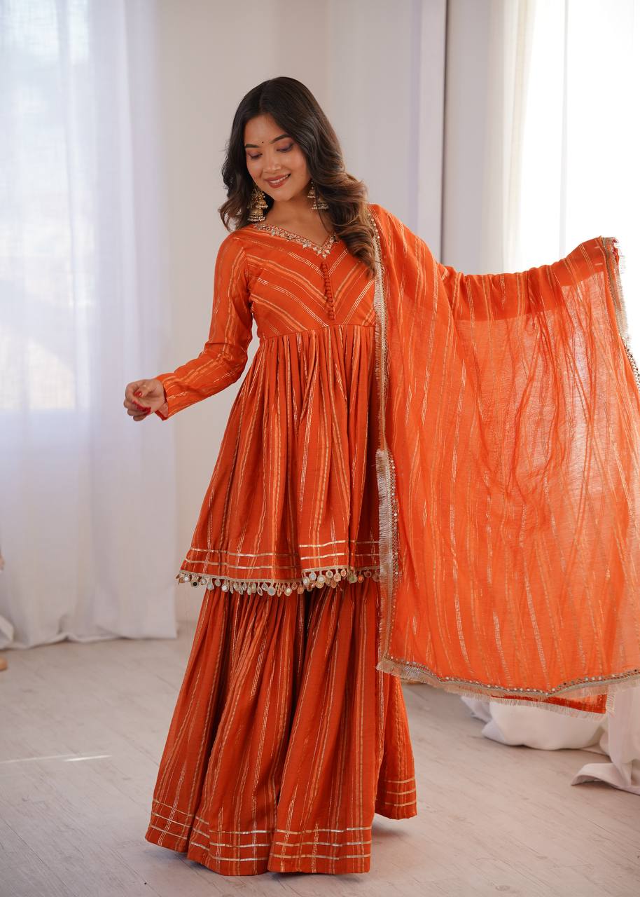 Orange Mal Chanderi Sharara Set for Women with Mirror Handwork | Engagement, Wedding & Function Wear | Sizes M-38 to XXL-44