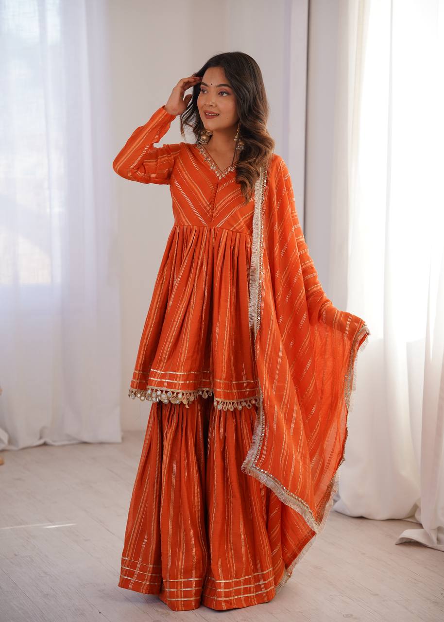 Orange Mal Chanderi Sharara Set for Women with Mirror Handwork | Engagement, Wedding & Function Wear | Sizes M-38 to XXL-44