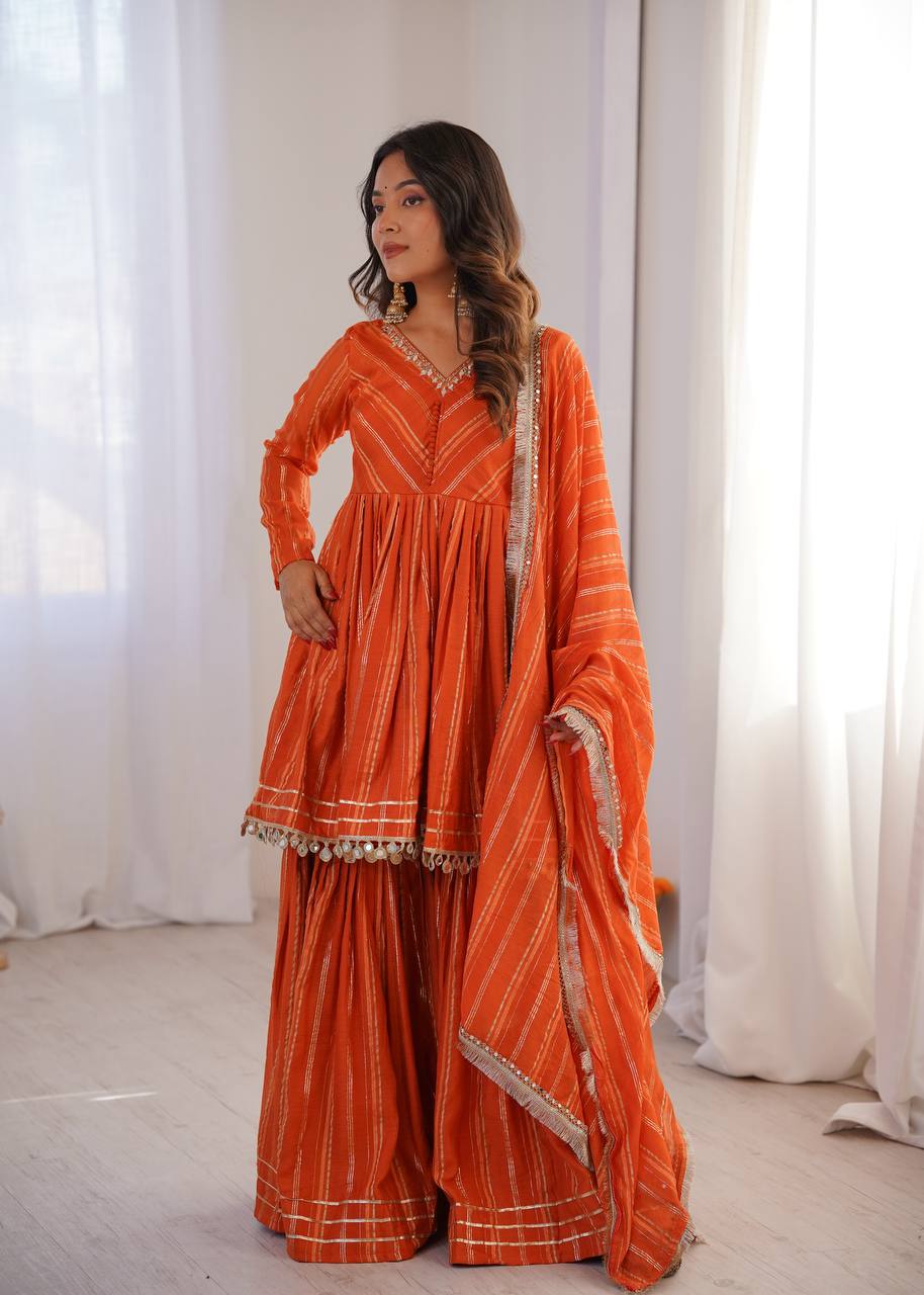 Orange Mal Chanderi Sharara Set for Women with Mirror Handwork | Engagement, Wedding & Function Wear | Sizes M-38 to XXL-44