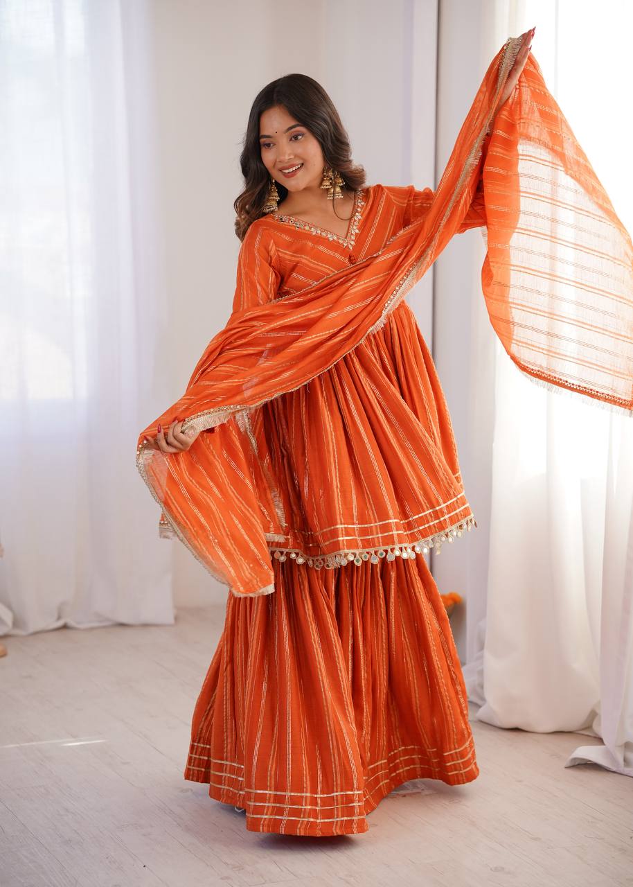 Orange Mal Chanderi Sharara Set for Women with Mirror Handwork | Engagement, Wedding & Function Wear | Sizes M-38 to XXL-44