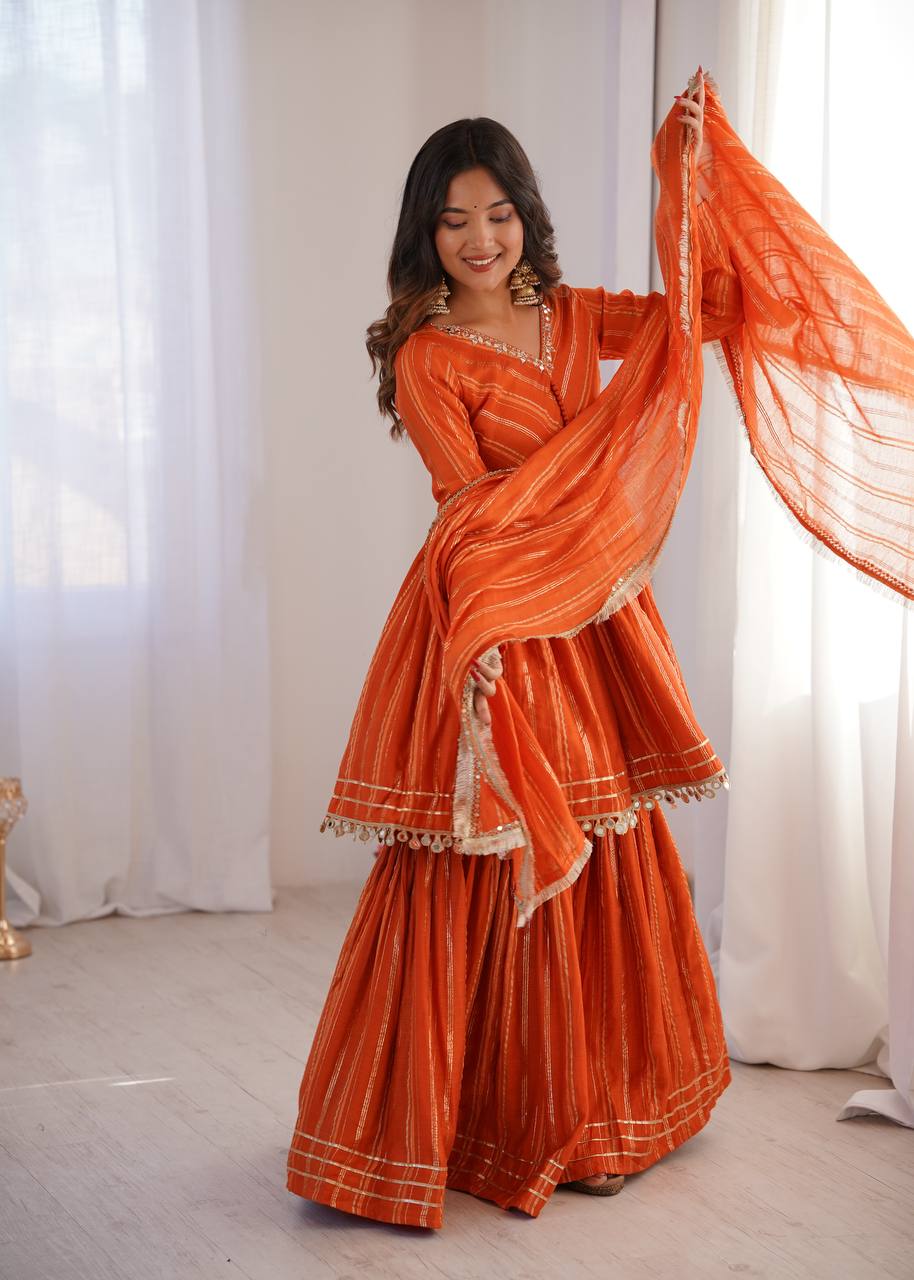 Orange Mal Chanderi Sharara Set for Women with Mirror Handwork | Engagement, Wedding & Function Wear | Sizes M-38 to XXL-44