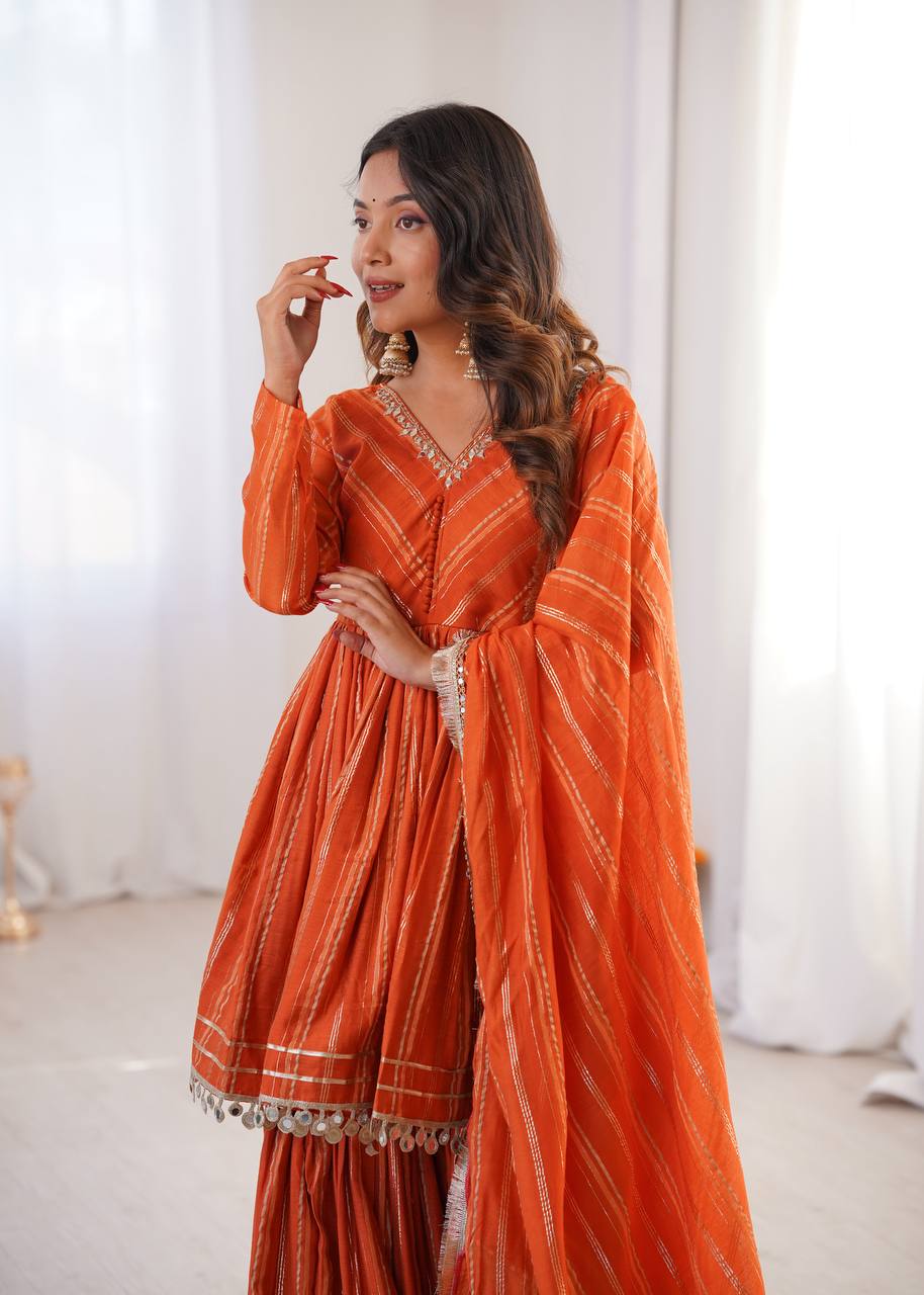 Orange Mal Chanderi Sharara Set for Women with Mirror Handwork | Engagement, Wedding & Function Wear | Sizes M-38 to XXL-44