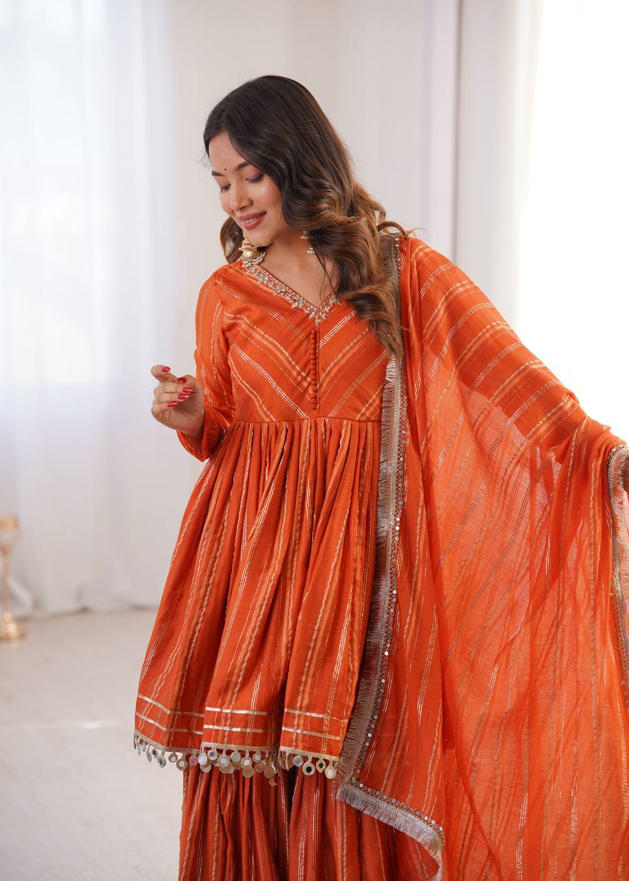 Orange Mal Chanderi Sharara Set for Women with Mirror Handwork | Engagement, Wedding & Function Wear | Sizes M-38 to XXL-44