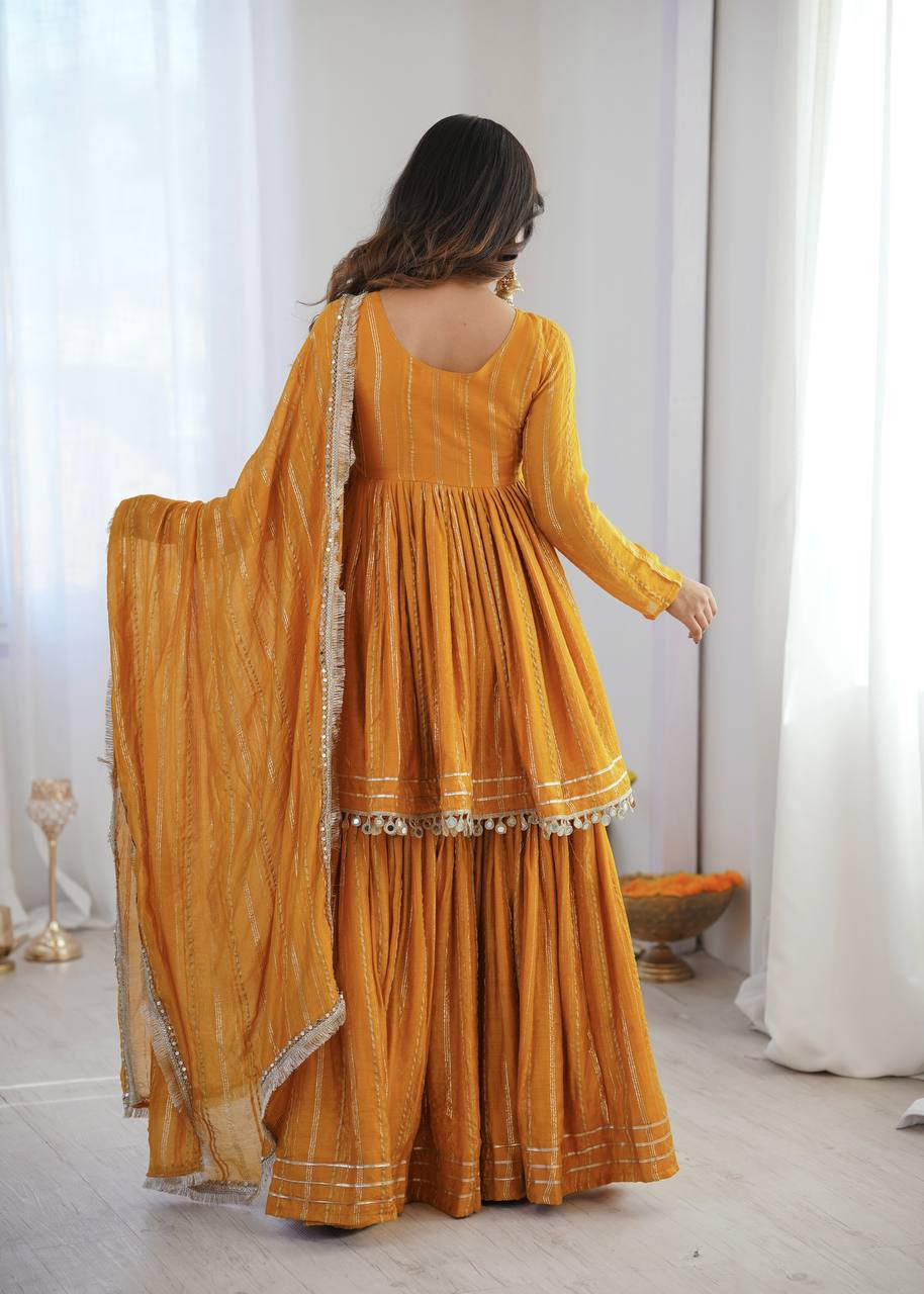 Yellow Mal Chanderi Sharara Set for Women with Mirror Handwork | Engagement, Wedding & Function Wear | Sizes M-38 to XXL-44