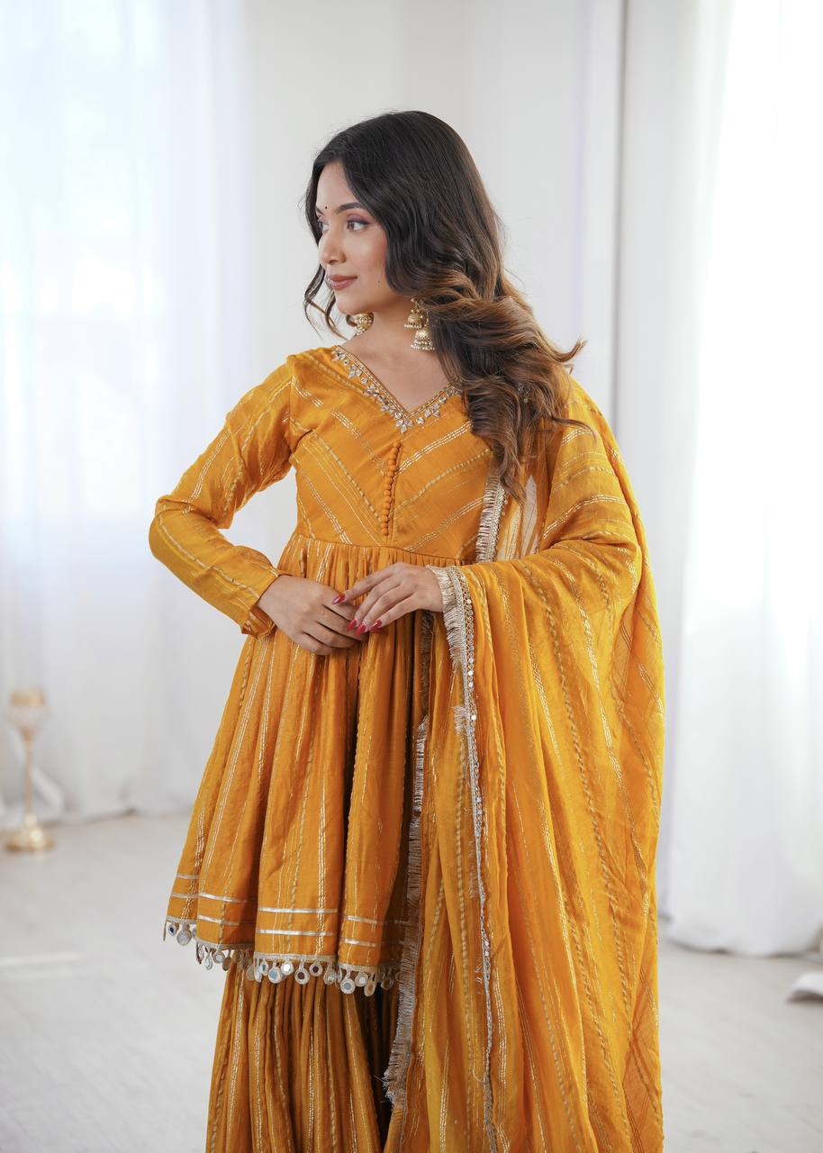 Yellow Mal Chanderi Sharara Set for Women with Mirror Handwork | Engagement, Wedding & Function Wear | Sizes M-38 to XXL-44
