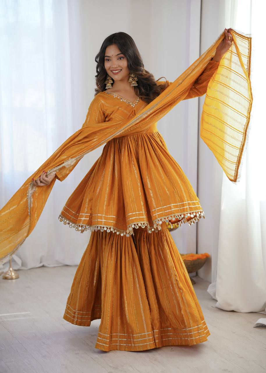 Yellow Mal Chanderi Sharara Set for Women with Mirror Handwork | Engagement, Wedding & Function Wear | Sizes M-38 to XXL-44