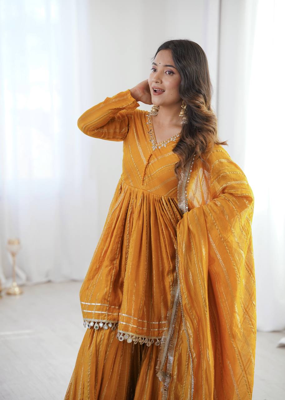 Yellow Mal Chanderi Sharara Set for Women with Mirror Handwork | Engagement, Wedding & Function Wear | Sizes M-38 to XXL-44
