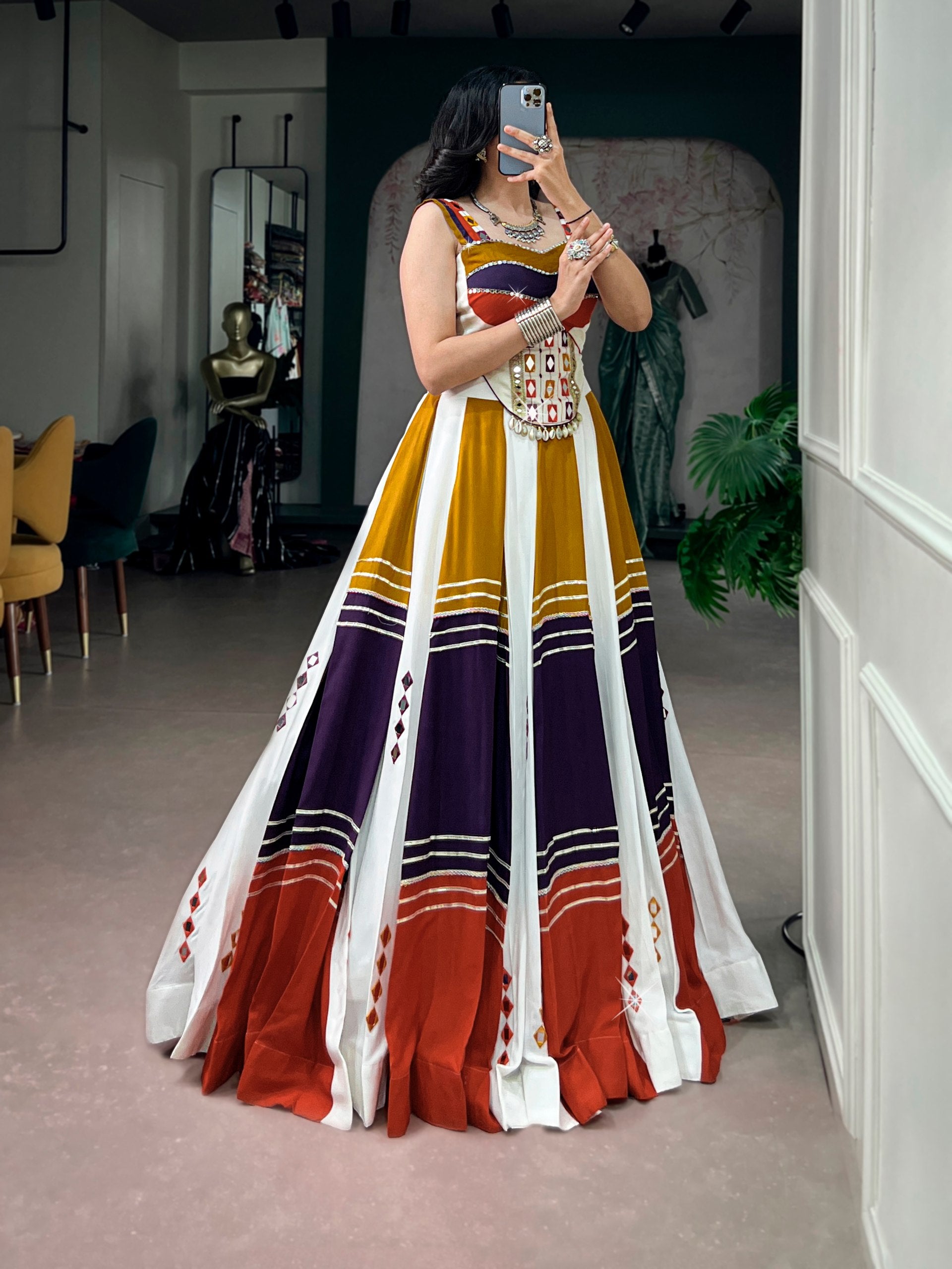 Multicolor Mirror Work Navratri Lehenga Choli for Women | Ivory, Mustard, Purple & Rust | 6 Meter Flair