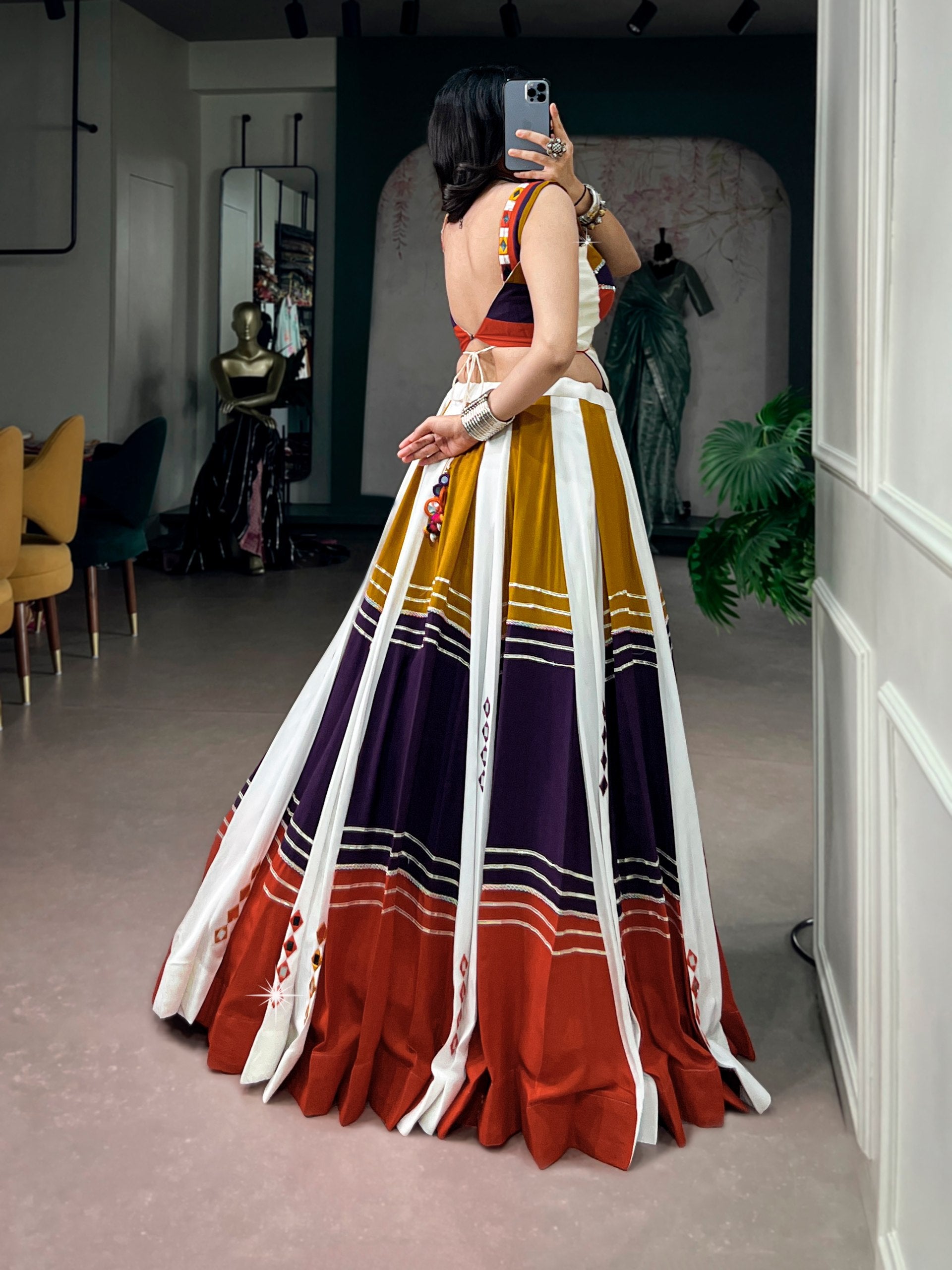 Multicolor Mirror Work Navratri Lehenga Choli for Women | Ivory, Mustard, Purple & Rust | 6 Meter Flair