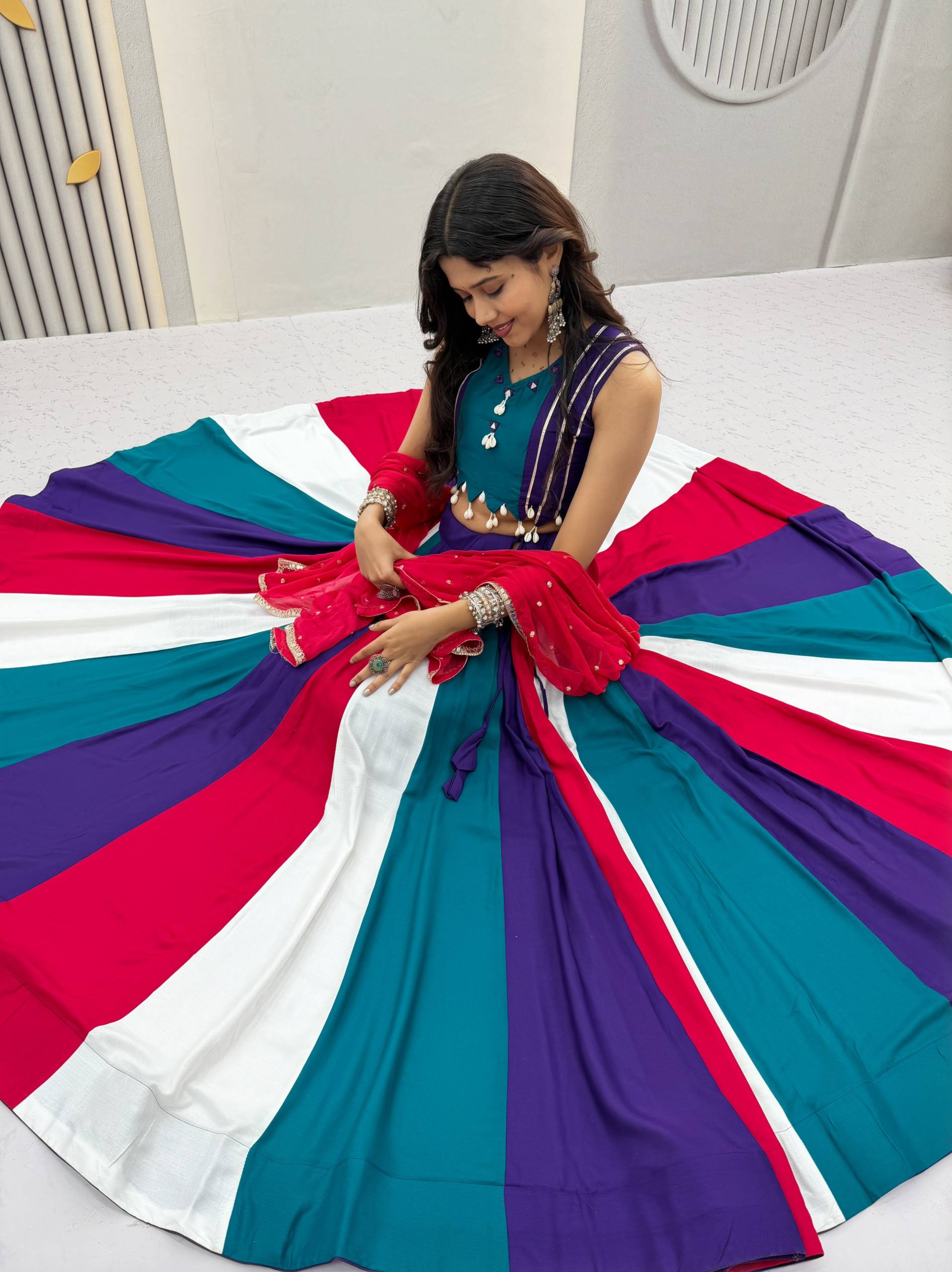 Multicolor Pure Cotton Kali Lehenga Choli Set with Pink Najmin Dupatta