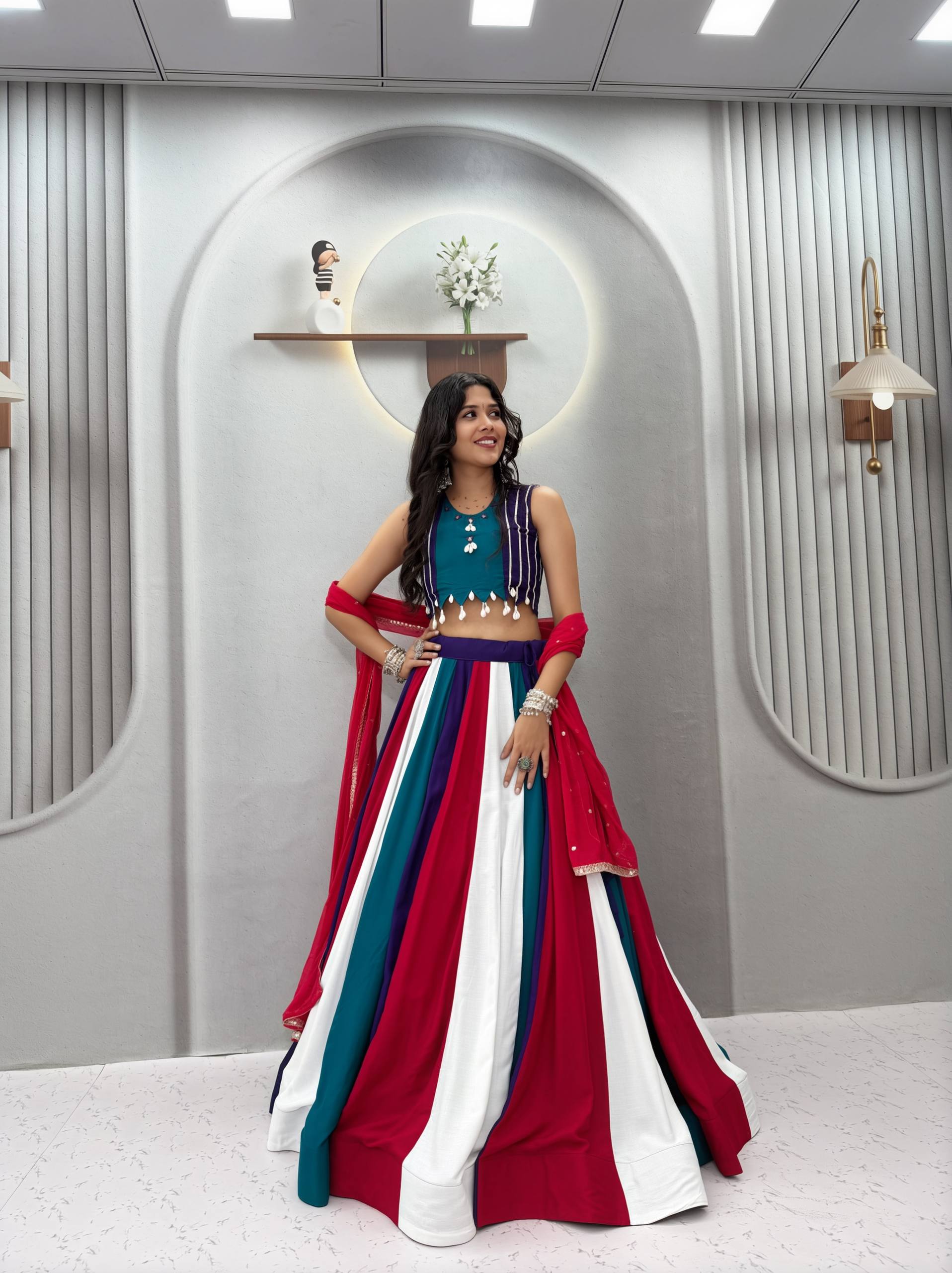 Multicolor Pure Cotton Kali Lehenga Choli Set with Pink Najmin Dupatta