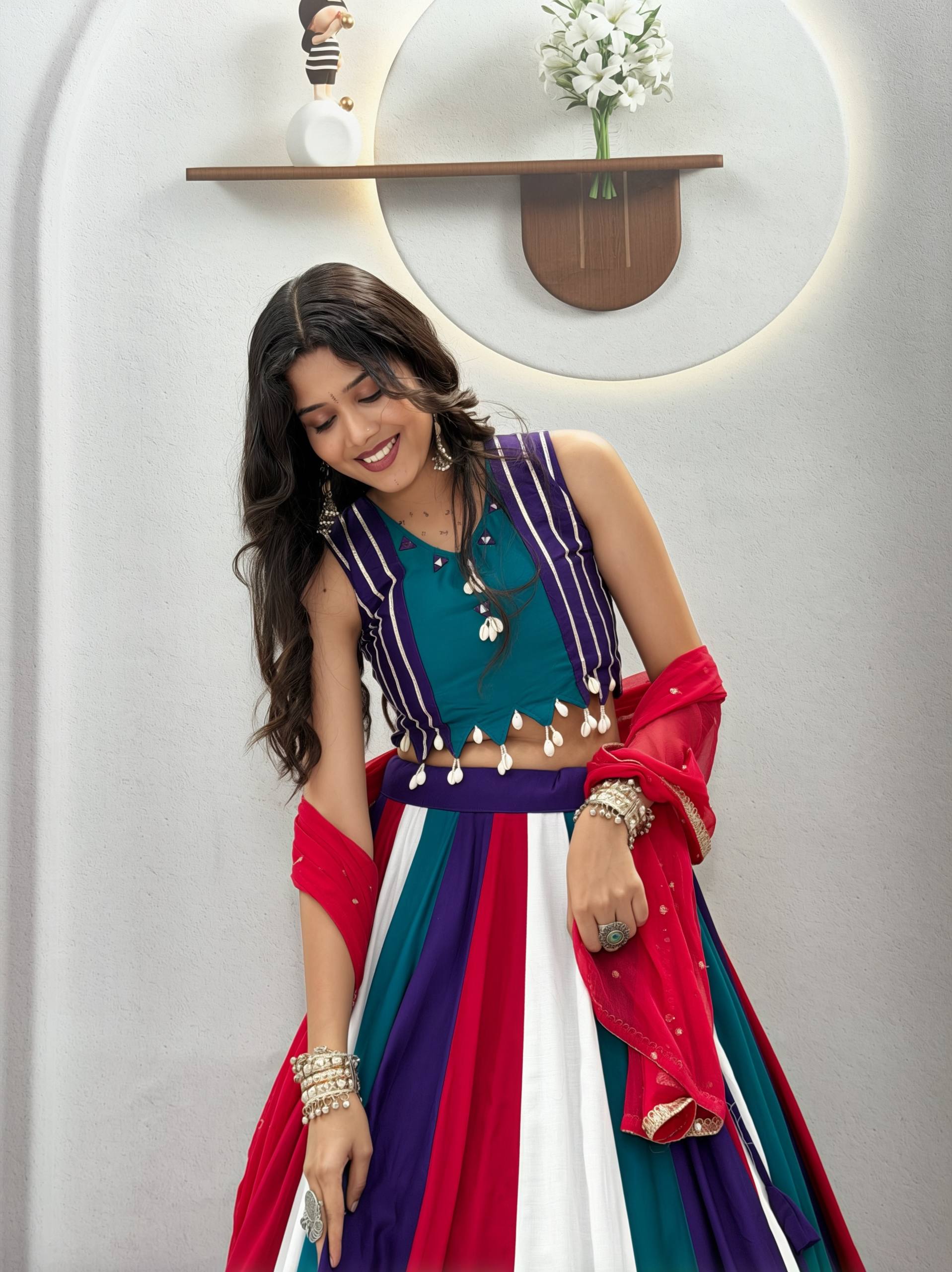 Multicolor Pure Cotton Kali Lehenga Choli Set with Pink Najmin Dupatta